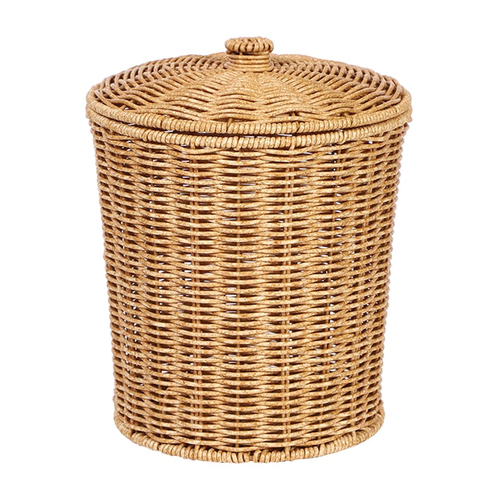 Woven Basket Trash Can Storage: Wastebasket Garbage Bin with Lid Rubbish Paper Storage Container for Home Bathroom Kitchens Laundry Utility Rooms