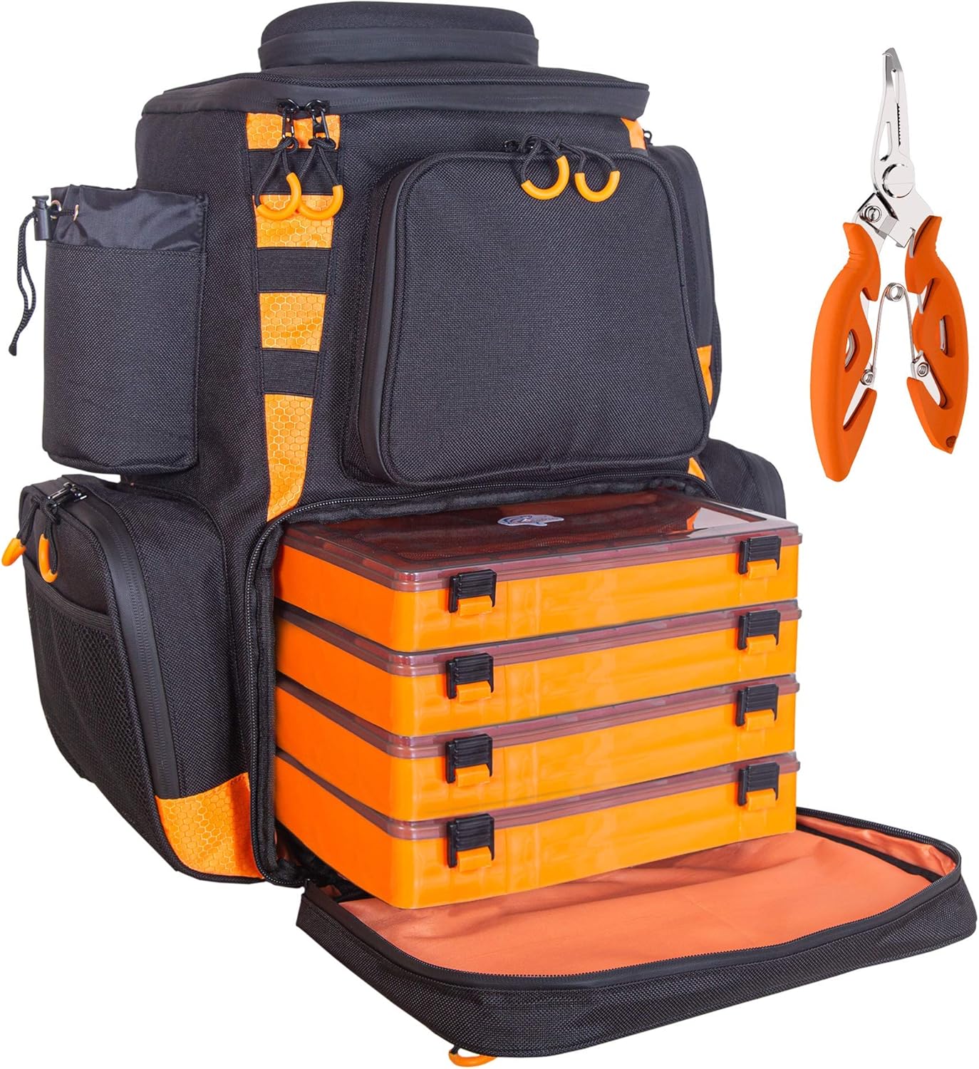 Fishing Backpack Waterproof Tackle Bag with Protective Rain Cover Includes 4 Tackle Boxes Stainless Steel Fishing Pliers and Lanyard - Black Orange