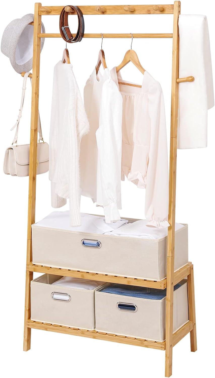 Homde Bamboo Clothing Rack with 3 Storage Box, Garment Rack Clothes Racks for Hanging Clothes, Standing Wardrobe Storage Rack with 2 Organizer Shelves, Portable, Natural