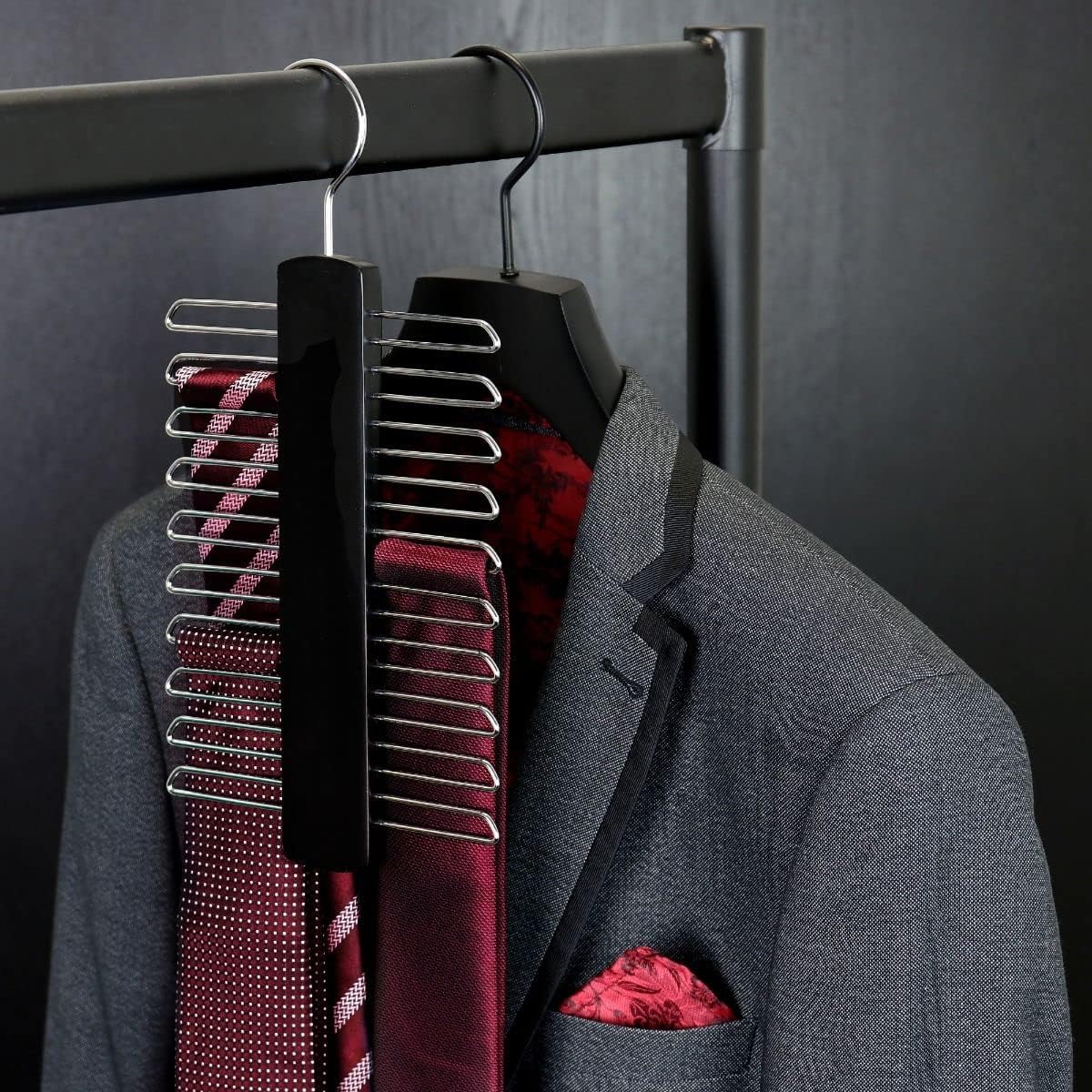 HANGERWORLD Black Vertical Wooden Tie Rack Hanger for up to 20 Neck Ties Organizer for Belts, Ties, and Accessories