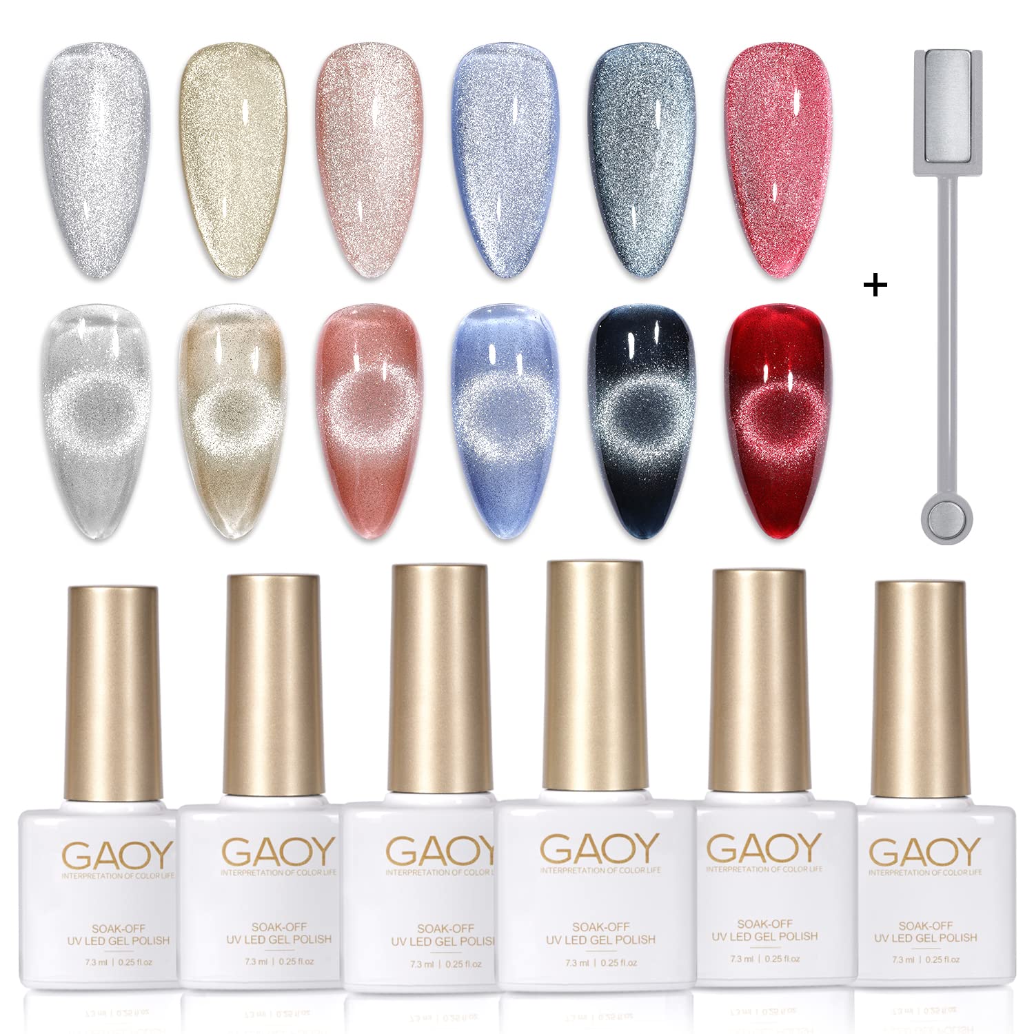 GAOY Holographic Glitter Cat Eye Gel Polish Set of 6 Colors with Free Magnet UV LED Soak Off Nail Polish Home DIY Manicure Nail Salon Varnish