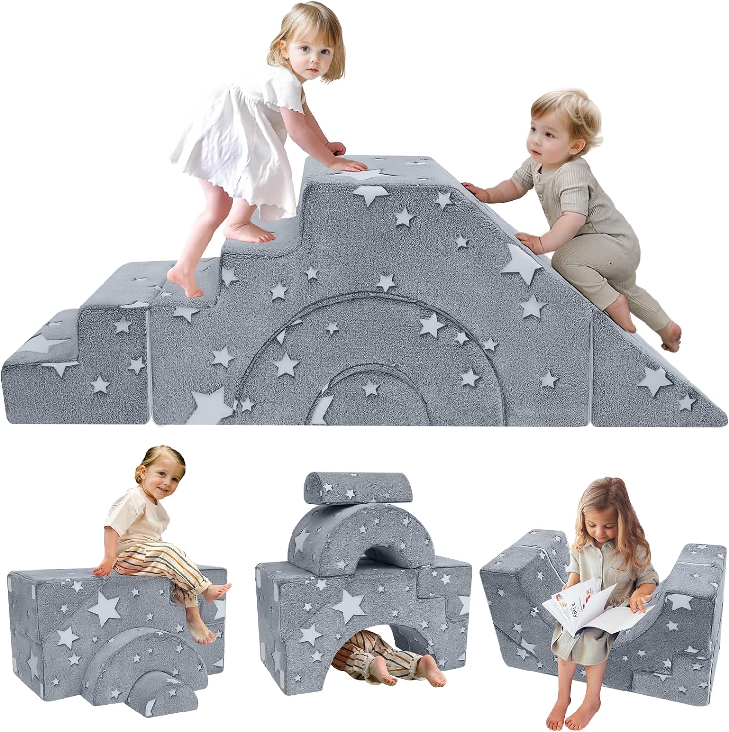 MeMoreCool Foam Climbing Toddler Couch Modular Kids Sofa, Sectional Baby Couch for Climb Crawl, Kid Play Couch Convertible Children Sofa Bedroom Playroom Furniture, Glow Sofa with Slide & Stair
