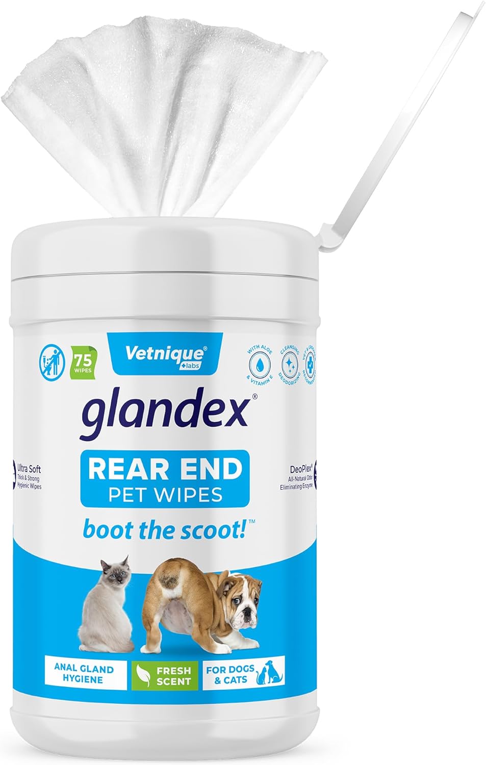 Vetnique Labs Glandex Dog Wipes for Pets Cleansing & Deodorizing Anal Gland Hygienic Wipes for Dogs & Cats with Vitamin E, Skin Conditioners and Aloe (75ct)