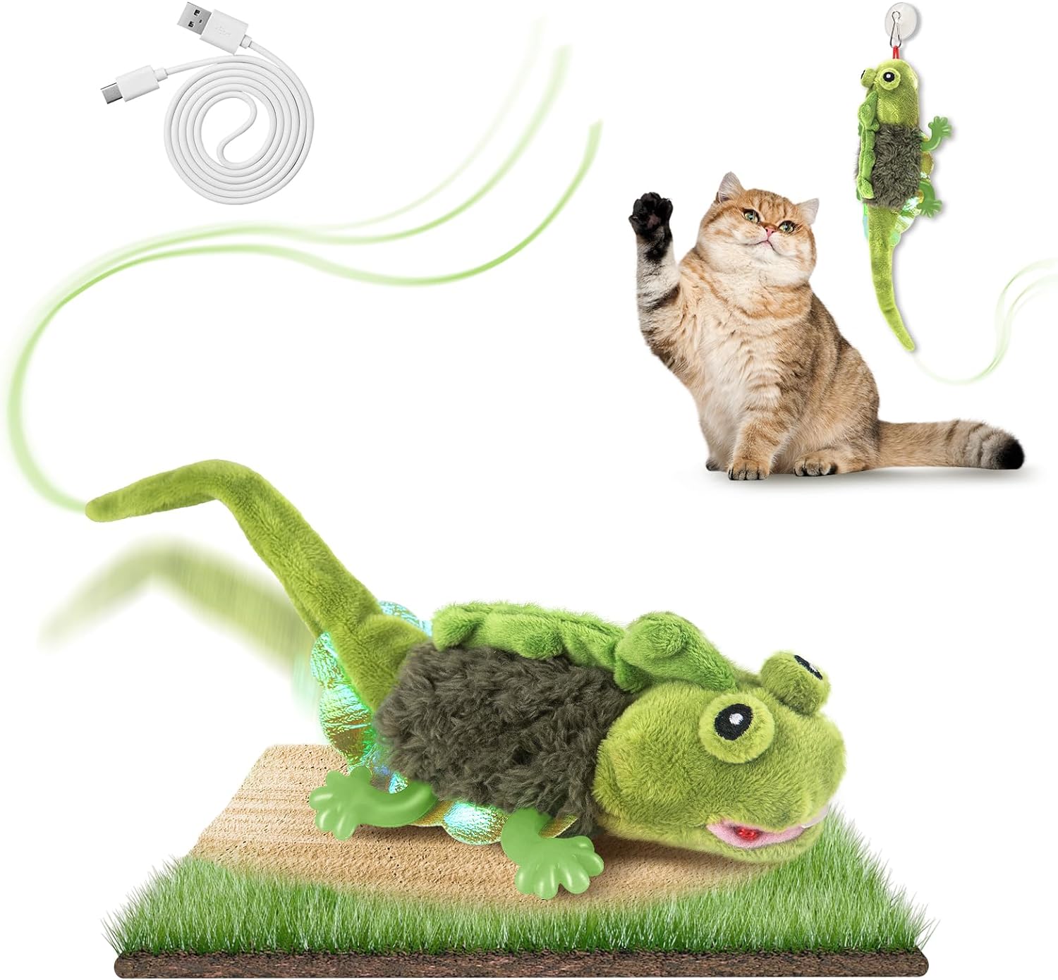 Migipaws Cat Toys, Touch Activated Flapping Chirping Lizard Kitten Toy with Catnip for Indoor Cats Kicker, Rechargeable Green