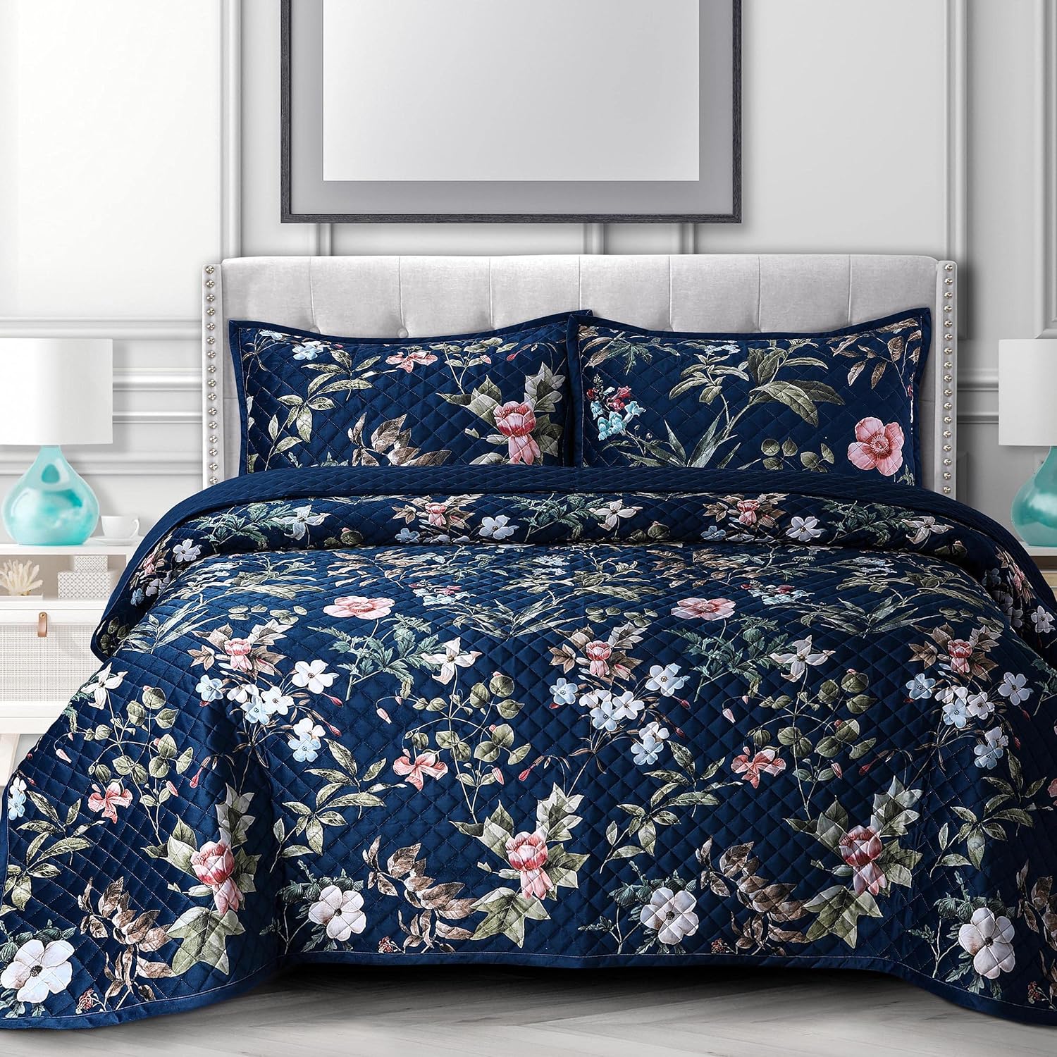 Calla Printed Oversized Velvet Ultra-Soft Luxury Quilt Set with Shams, Wrinkle & Fade Resitant, All-Season, Diamond Stitching, Durable and Fine Quality, Queen, Multicolor