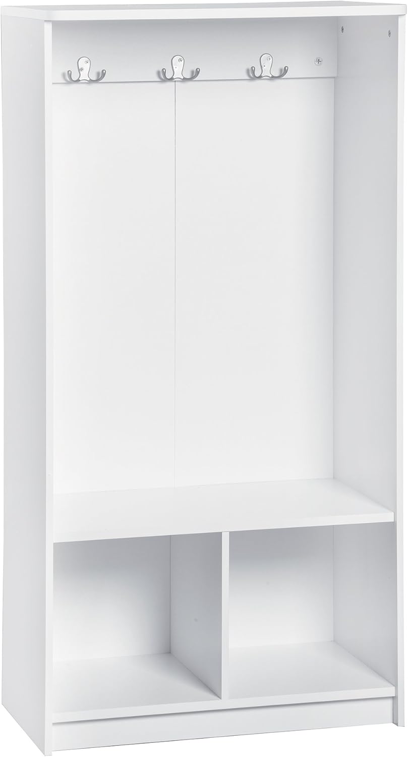 ClosetMaid KidSpace Wood Locker, 2 Cubby Cube Compartments, Open Storage, 3 Hooks, for Coats, Backpacks, Jackets, White Finish, 49-Inch