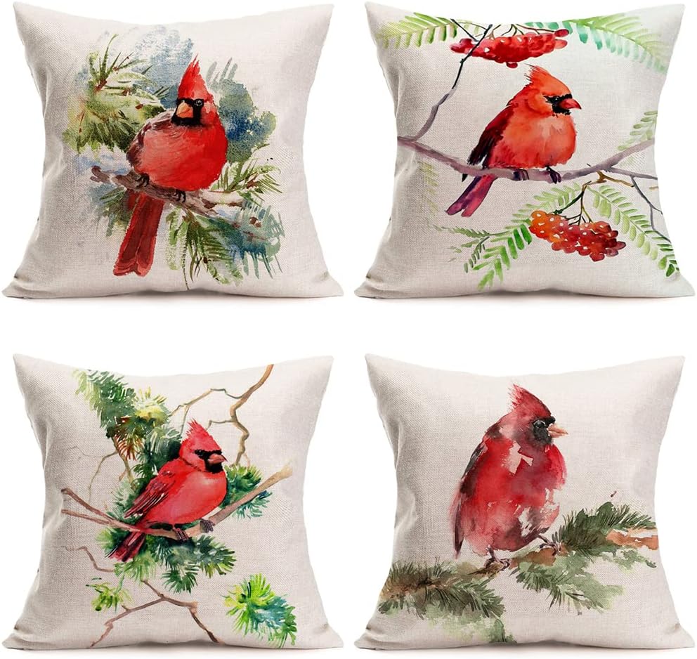 Vintage Birds Throw Pillow Covers Watercolor Cardinal Bird Sitting on Mistletoe Tree Branch Decorative Cushion Cover Pillow Cases Farmhouse Home Decor for Outdoor (18X18Inch, VB-Cardinal)