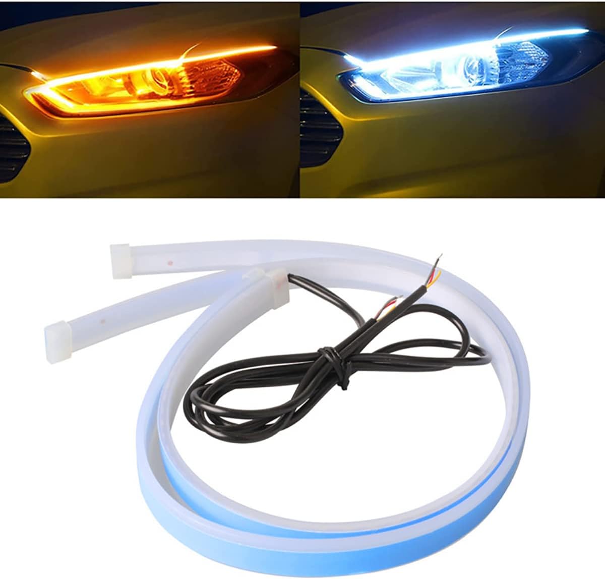 Car LED Strip Lights, 2Pcs 24 Inch Flexible LED Headlight Strips Dual Color White Turn Signal Yellow Lights Waterproof Car Daytime Running Light Strip for Truck SUV