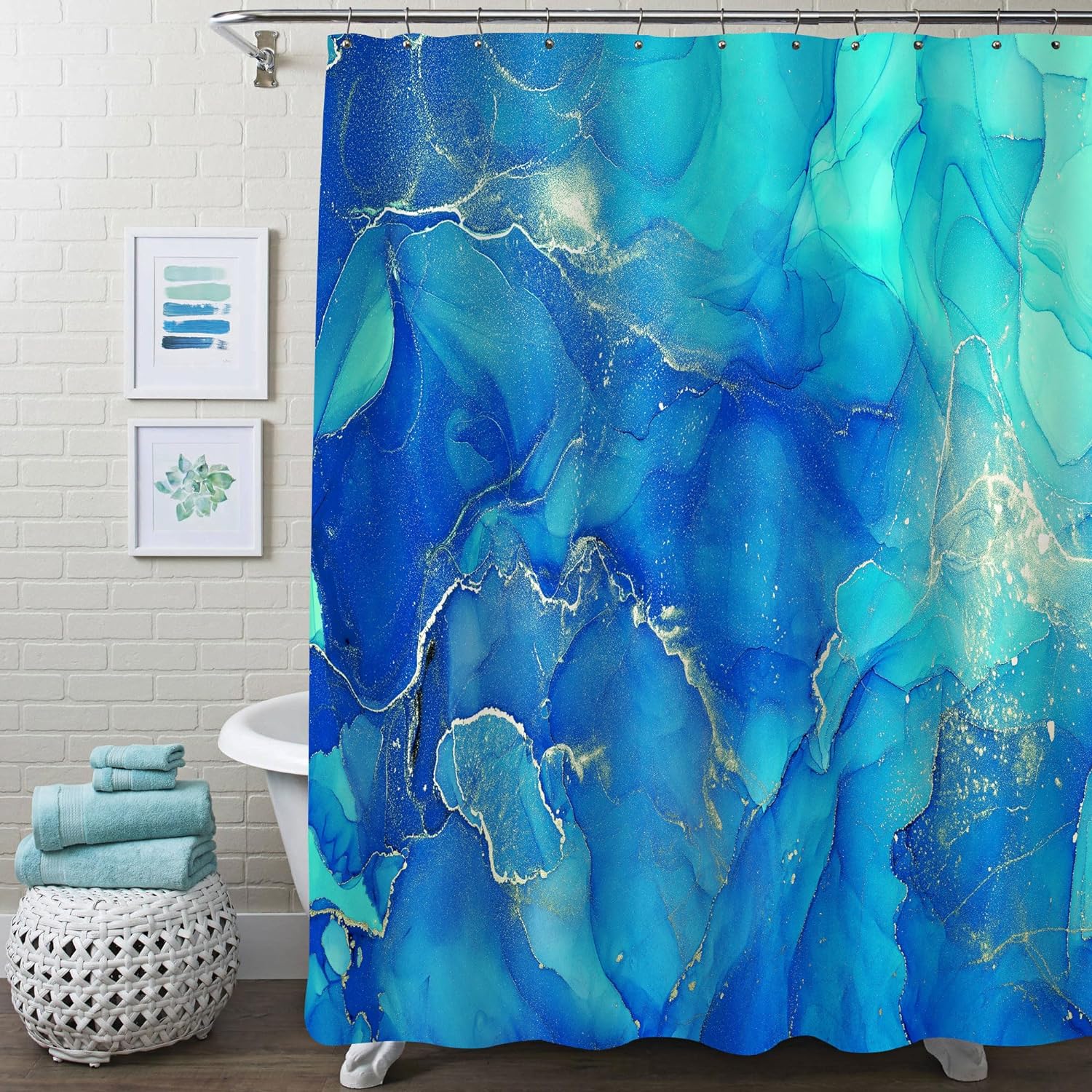 Gibelle Blue Marble Shower Curtain, Abstract Royal Blue Fabric Shower Curtain for Bathroom, Modern Ombre Watercolor Ink Art Shower Curtain Set with Hooks, 72 x 72