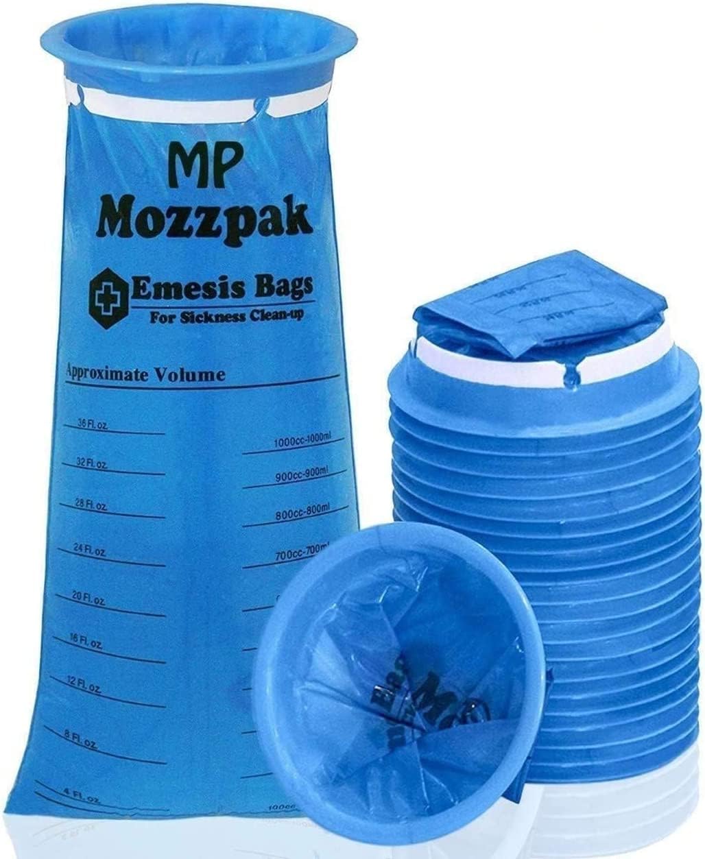 MP MOZZPAK Vomit Bags  24 Pack  1000ml Emesis Bags  Leak Resistant, Medical Grade, Portable, Disposable Barf, Puke, Throw Up, Nausea Bags for Travel Motion Sickness (Blue, Pack of 24)