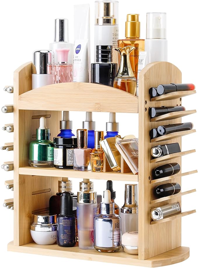 Homde Bamboo Makeup Organizer Lipstick Holder Brush Rack Cosmetic Storage Organizer Multi-Function Make up Box Stand for Vanity, Desk, Bathroom,Bedroom