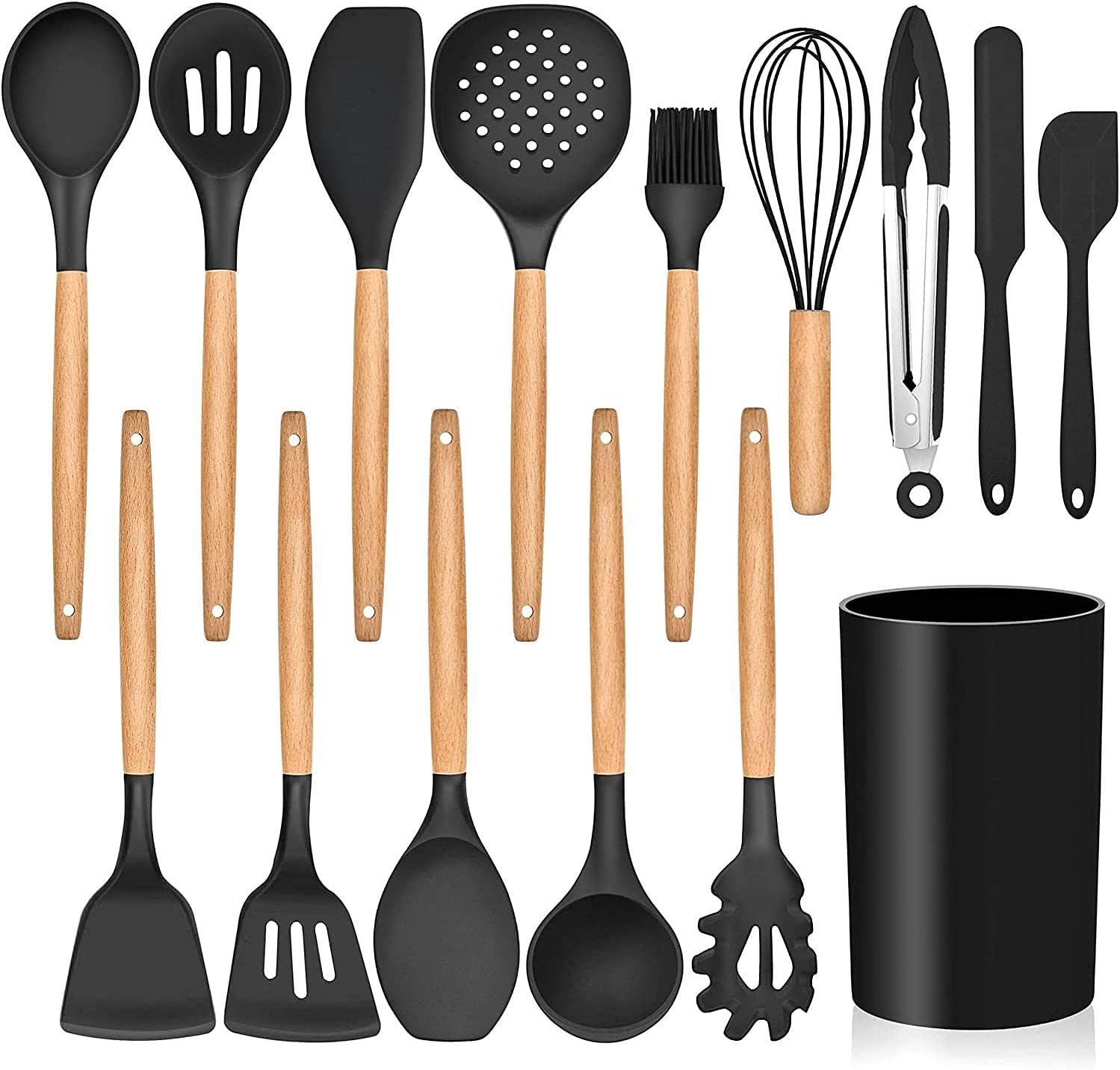 LIANYU 15-Piece Kitchen Silicone Cooking Utensils Set with Holder, Wooden Handle Kitchen Tools Include Spatula Tong Slotted Spoon Turner Whisk Brush, Black