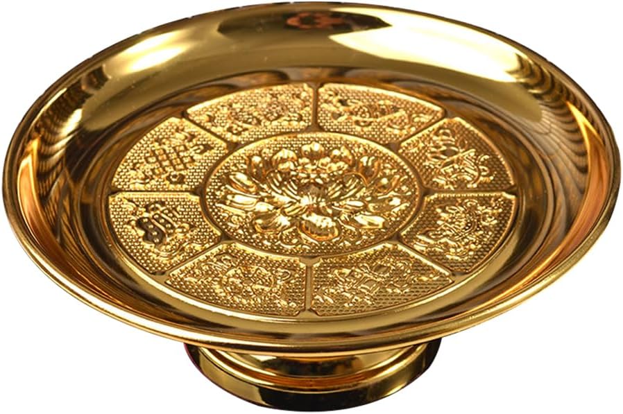 Cabilock Vintage Golden Buddhist Plate Water Offering Bowls Fruit Tray Blessing Bowl Lotus Flower Dessert Cake Stand Food Riser Holder for Altar Rituals 6 Inch