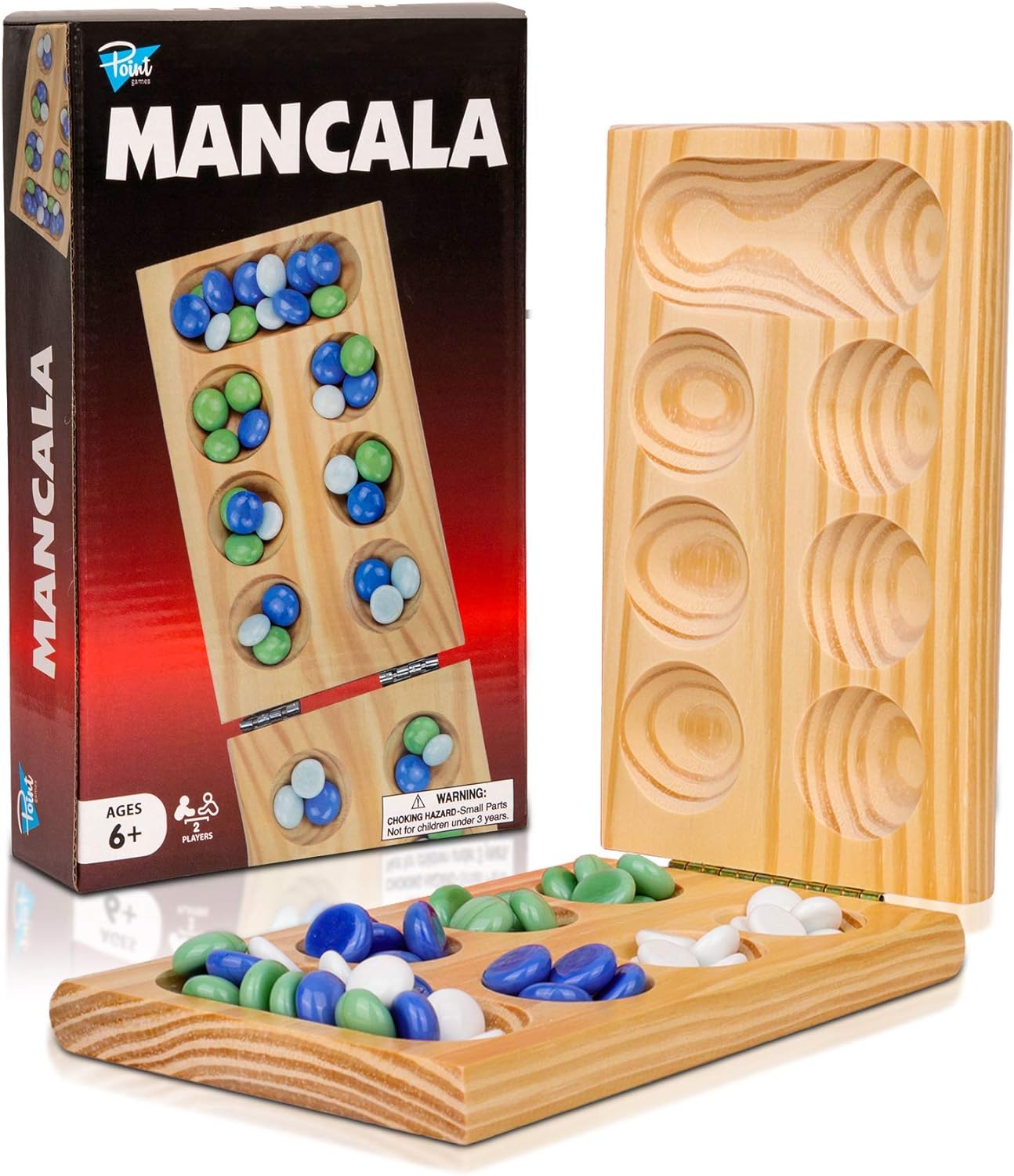 Point Games Solid Pine Mancala - Folding Board Game with Blue, Green, White Marbles- Portable Strategy Travel Game - Recommended Ages 6+