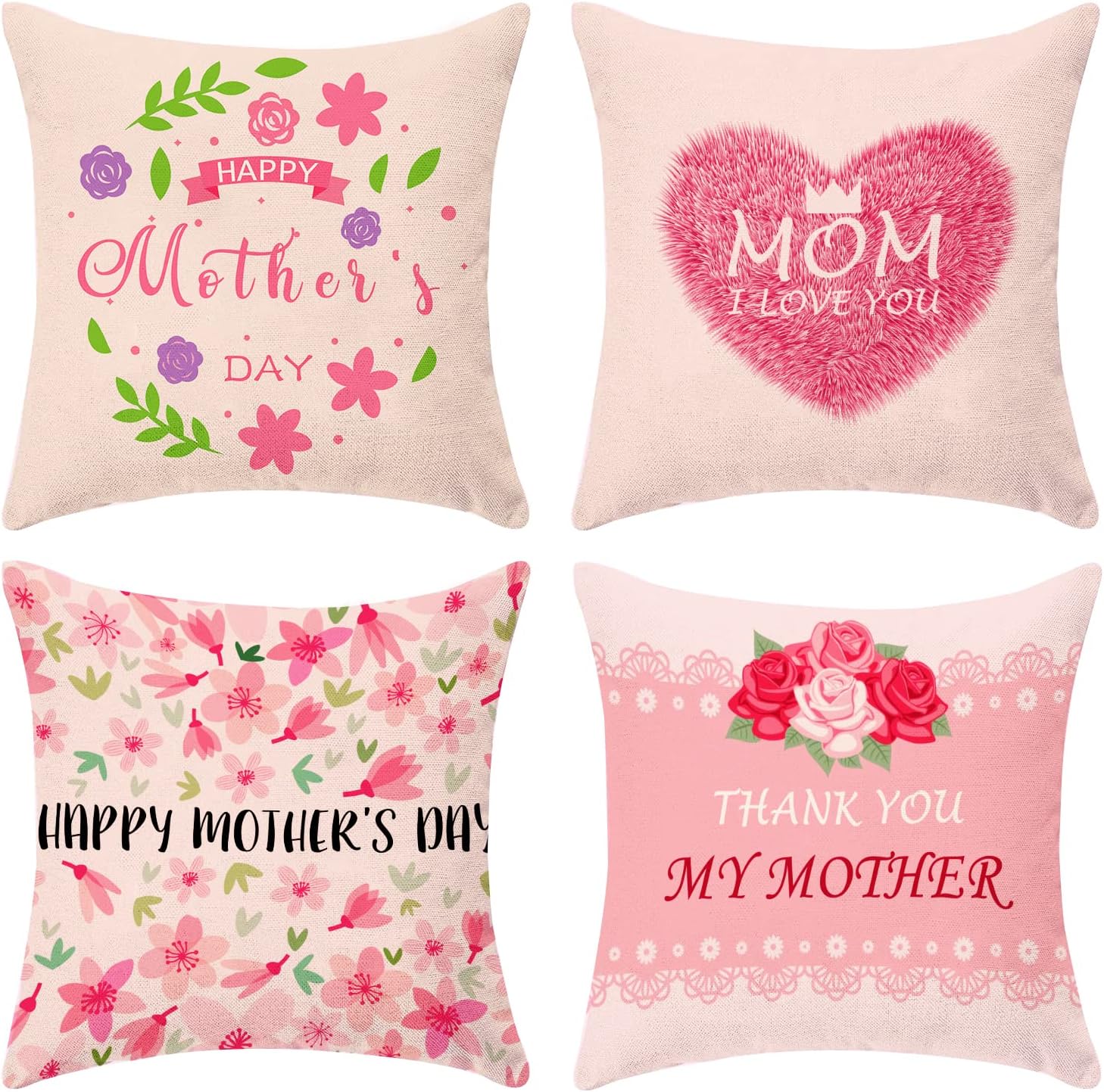 Mother's Day Pillow Covers 18x18 Inch Set of 4 Spring Flower Leaf Heart Decorative Pillow Cover Mother's Day Pillowcase Gift for Mom Farmhouse Linen Pillow Cushion Case for Sofa Bed Couch, Pink