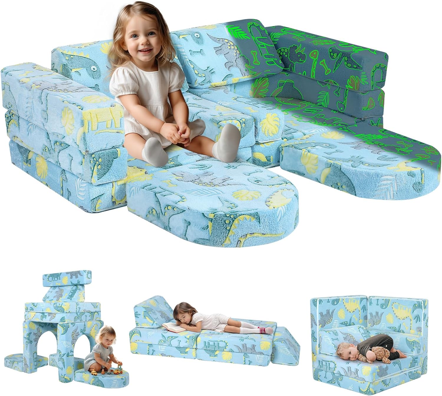 MeMoreCool 10-Piece Couch Sofa, Modular Toddler Glow Sofa for Playroom Bedroom, Fold Out Play Couch for Kid Girl Boy, Sectional Foam Playset Couch Set, Blue Dino