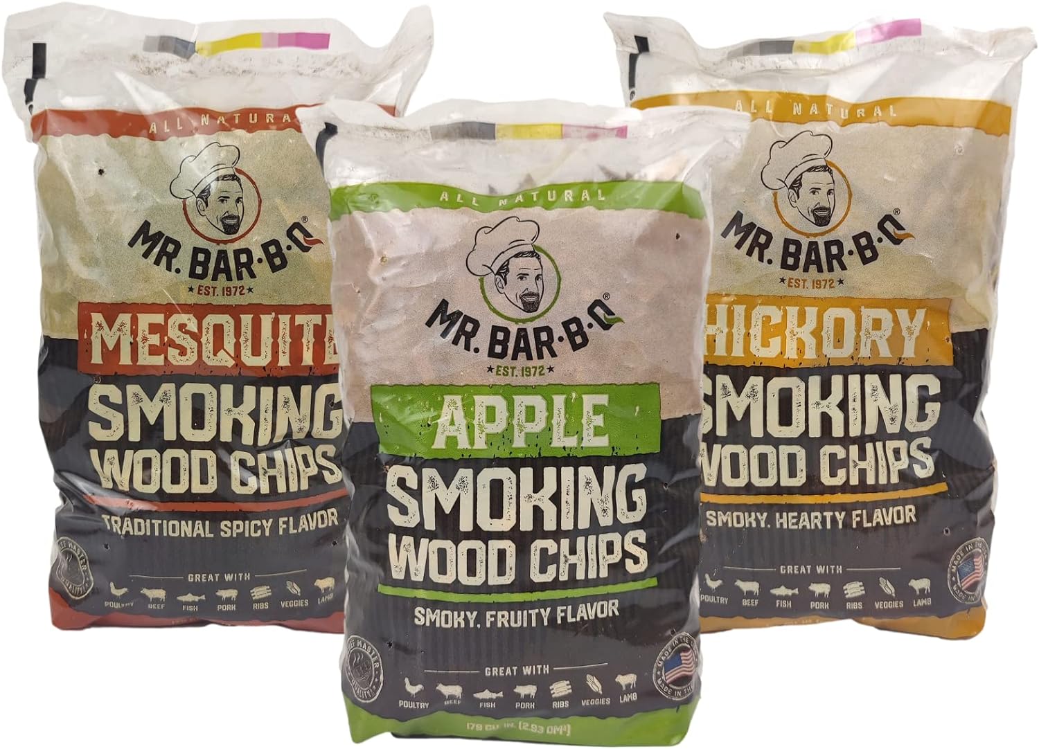 Mr. Bar-B-Q Smoker Wood Chips Bundle of 3 Flavors - Apple, Mesquite, and Hickory Wood Chips for Smokers | Smoke Wood Chips for Grilling, Cooking, and Camping (3 x 1.6 Pound Bags)