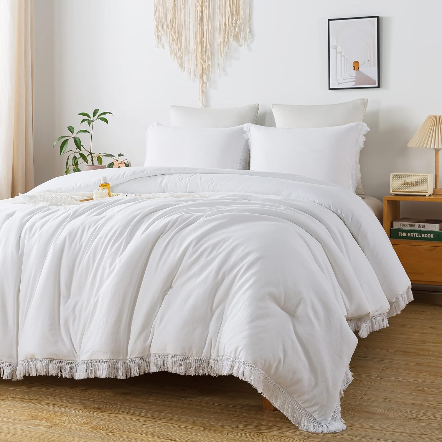 Andency White Comforter Set Twin Size, 2 Pieces Boho Lightweight Tassel Bedding Comforter Sets, All Season Soft Fluffy Fringe Bed Set (66x90In Comforter & 1 Pillowcase)