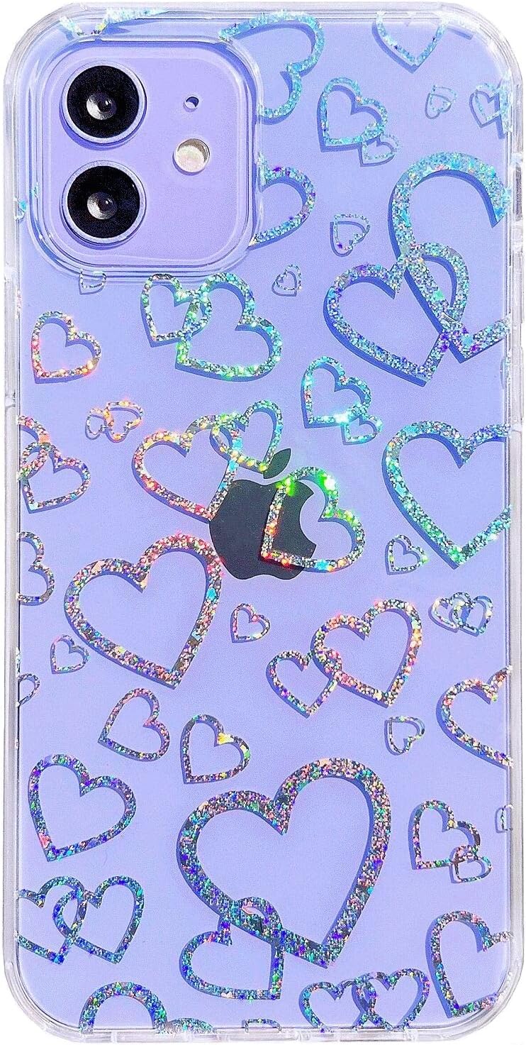 Compatible with iPhone 12/12 Pro Clear Case with Love Heart Laser Glitter Holographic Design,Sparkly Bling Cute Hard PC & Soft TPU Bumper Shockproof Protective Phone Cover for Women Girls