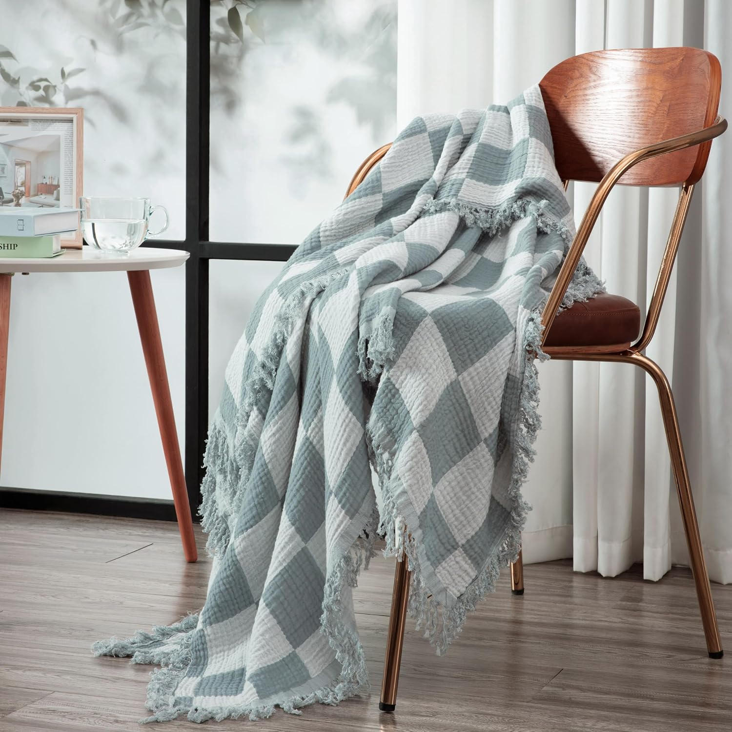 Chezmoi Collection Kendall Checkered Cotton Muslin Throw Blanket 50 W x 60 L, Knit Woven Gauze Blanket with Frayed Tassels for Bed Couch Travel Lightweight Breathable Cozy Throw, Gray/White