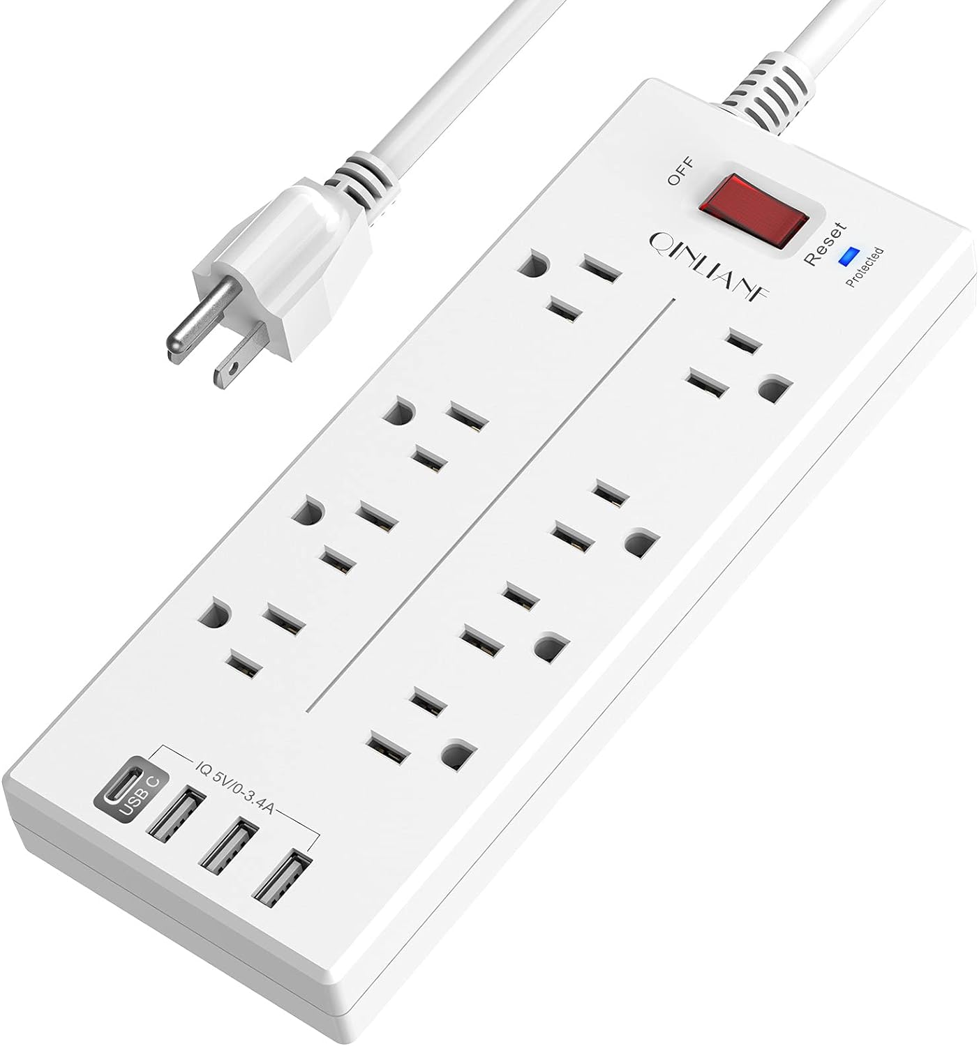 Power Strip, QINLIANF Surge Protector with 8 Outlets and 4 USB Ports, 6 Feet Extension Cord, 2100 Joules, ETL Listed, White