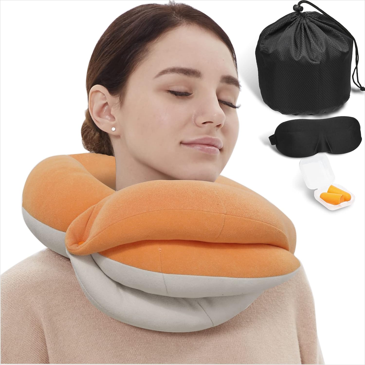 BUYUE Travel Neck Pillows for Airplane, 360° Head Support Sleeping Essentials for Long Flight, Skin-Friendly & Breathable, Kit with 3D Contoured Eye Mask, Earplugs and Storage Bag (Adult, Orange)