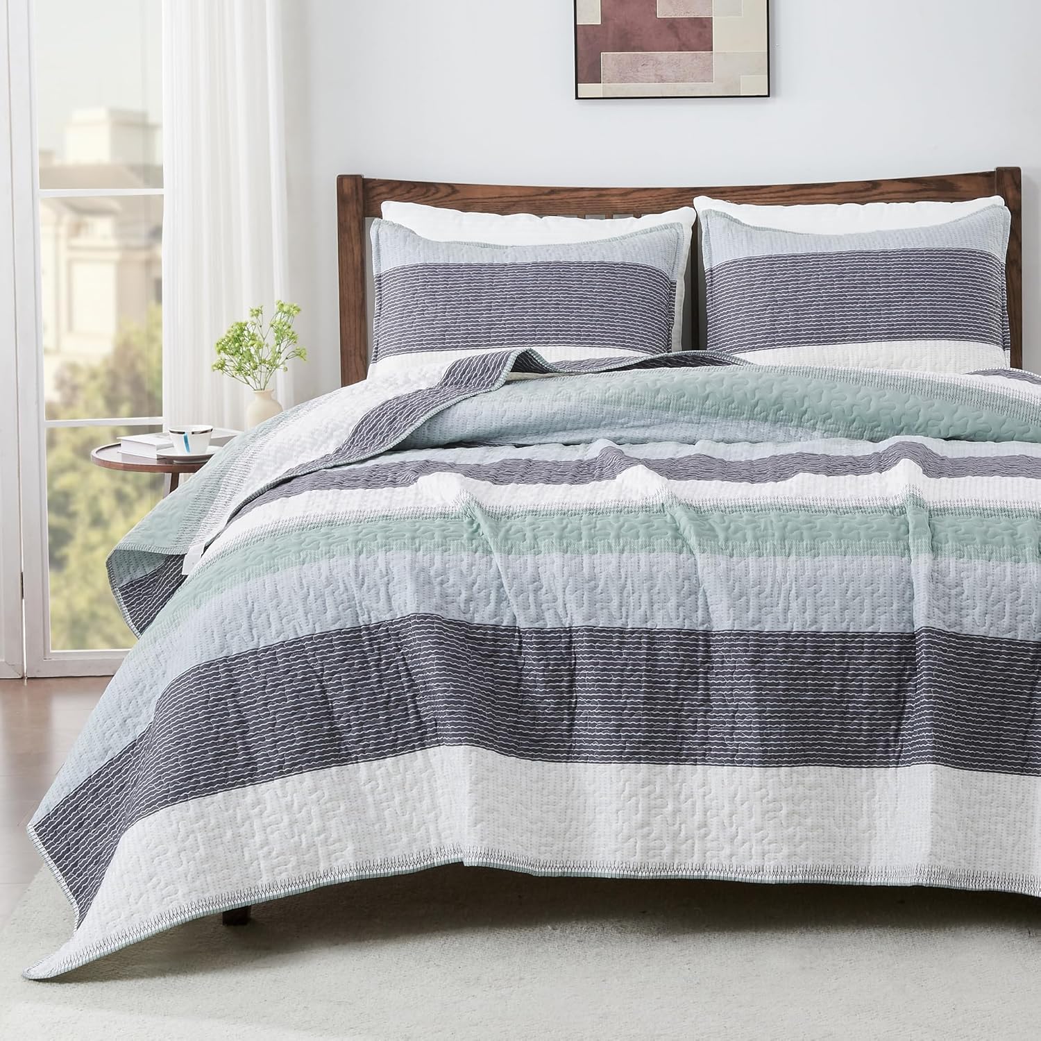 Andency Queen Quilt Bedding Set Sage Green, 3 Pieces Patchwork Mint Green Striped Ultra Soft Lightweight Bedspreads, Coverlets Set with 2 Pillow Shams for All Seasons (90x96)