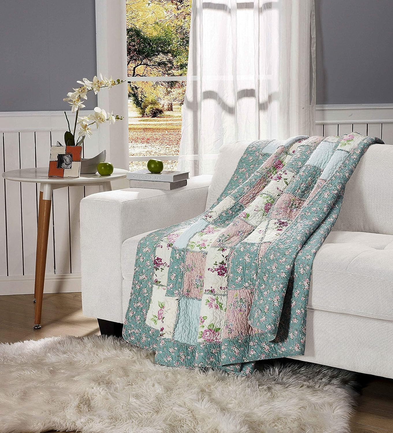 Chezmoi Collection Abbi 1-Piece Garden Floral Shabby Chic Throw Pre-Washed Cotton Ruffle Trim Patchwork Throw Blanket