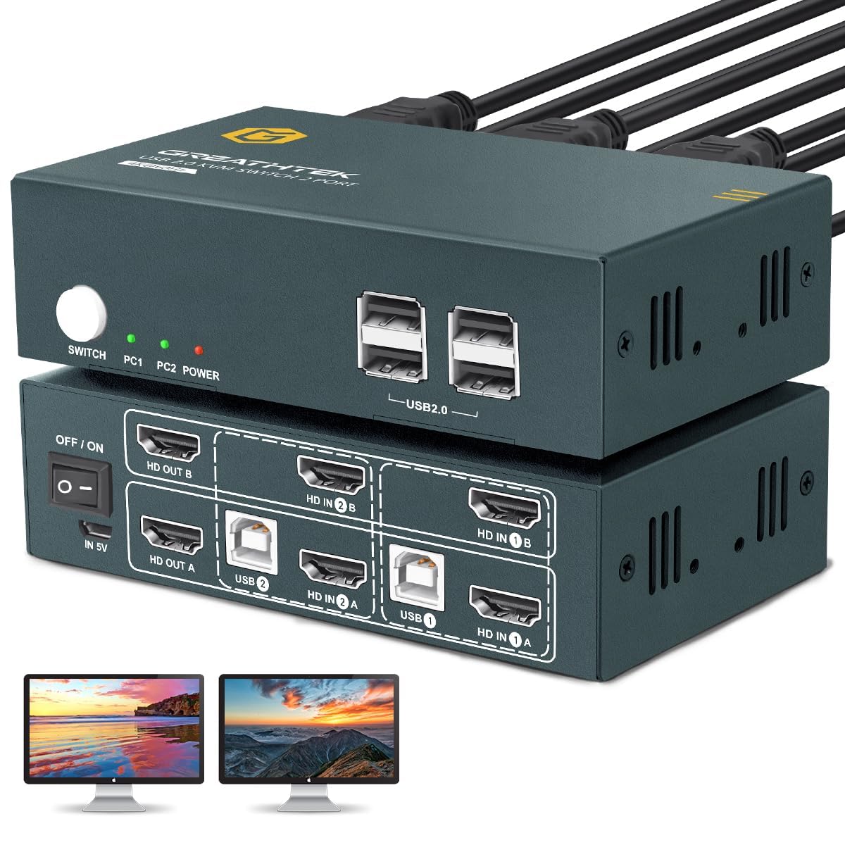 HDMI KVM Switch 2 Monitors 2 Computers,2 Port Dual Monitor Kvm Switcher for 2 Computers to Share 4 USB 2.0 Hub,UHD 4K@60Hz Resolution Downward Compatible,EDID Emulators