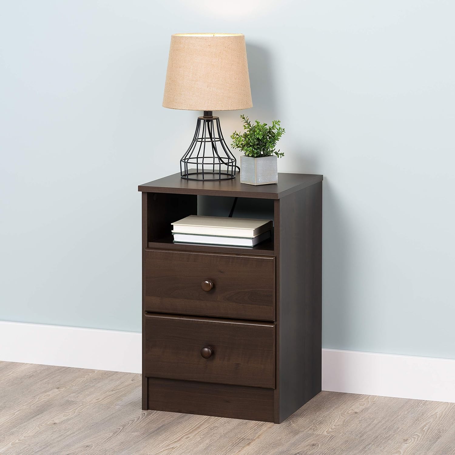 Prepac Astrid Simplistic Nightstand Side Table with 2 Drawers and Open Shelf, Functional Bedside Table 15.5 D x 16 W x 24.5 H, Espresso, EDNH-0402-1