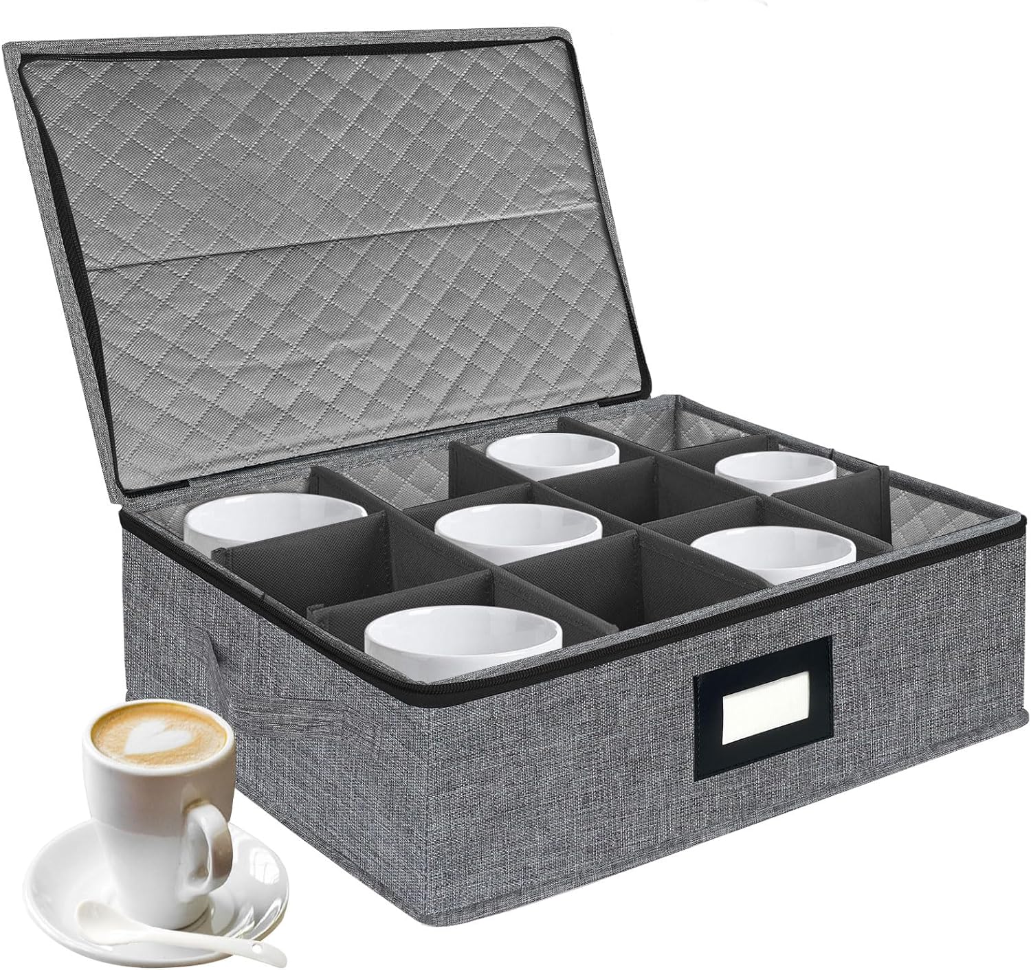 VERONLY Quilted Cup and Mug Storage Box, China Storage Containers with Zipper Lid and Handles, Holds 12 Coffee Mugs and Tea Cups, Hard Shell and Stackable for Dinnerware Storage, Transport (Dark Grey)
