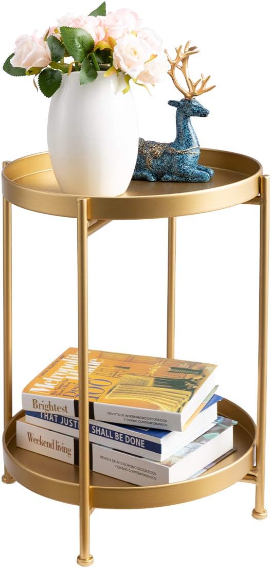 HollyHOME 2-Tier Round Metal End Side Table, Accent Anti-Rust Waterproof Simplistic Sofa Table, Modern Tray Outdoor&Indoor Folding Coffee Table, (D) 15.75 x(H) 20.47, Golden