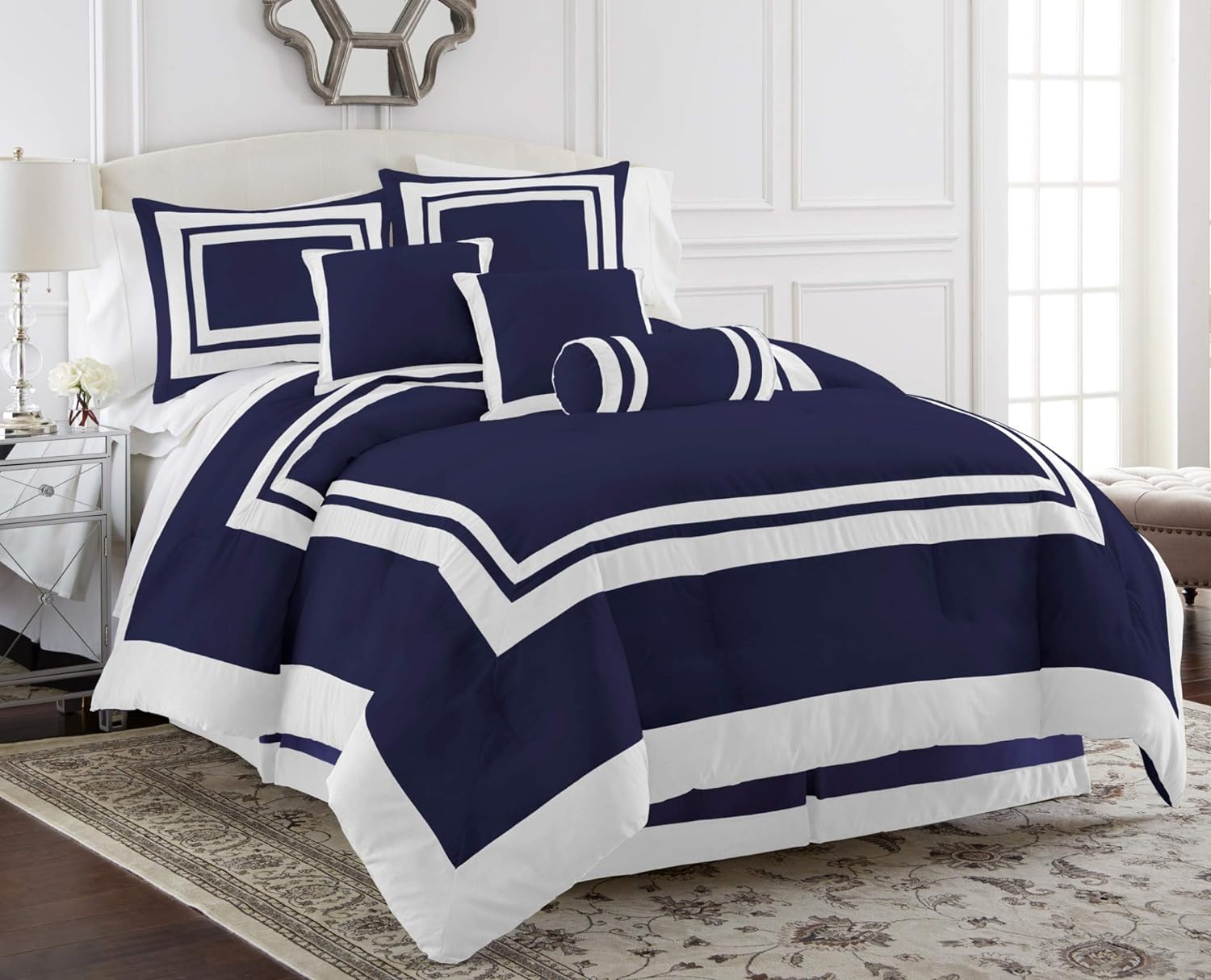 Chezmoi Collection 7-Piece Caprice Navy/White Square Pattern Hotel Bedding Comforter Set, Queen