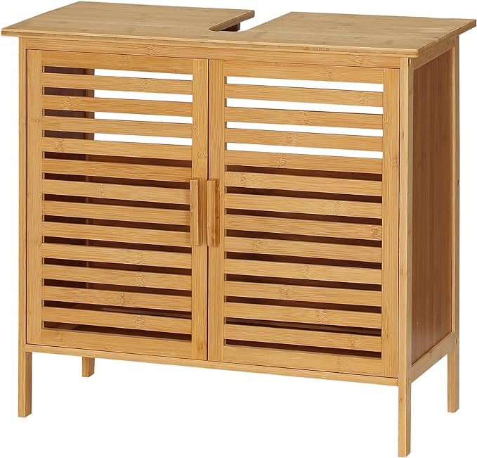 kleankin Under Sink Cabinet, Bamboo Bathroom Vanity Cabinet with 2 Slat Doors, Freestanding Bathroom Sink Cabinet, Natural