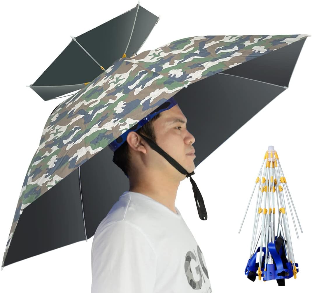 NEW-Vi Umbrella Hat Folding Adjustable Sun Rain Cap, 37.4 UPF 50+ UV Protection Large Hands Free Umbrellas, 7-Ribs Waterproof Headwear for Fishing Gardening Golf Sunshade Outdoor