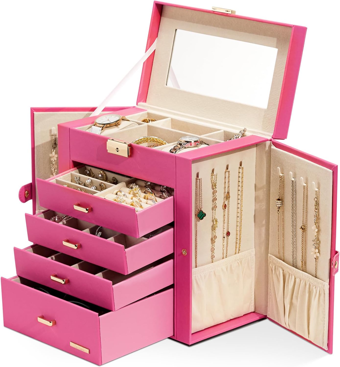 Homde Synthetic Leather Huge Jewelry Box Mirrored Watch Organizer Necklace Ring Earring Storage Lockable Gift Case (Pink + Gold)