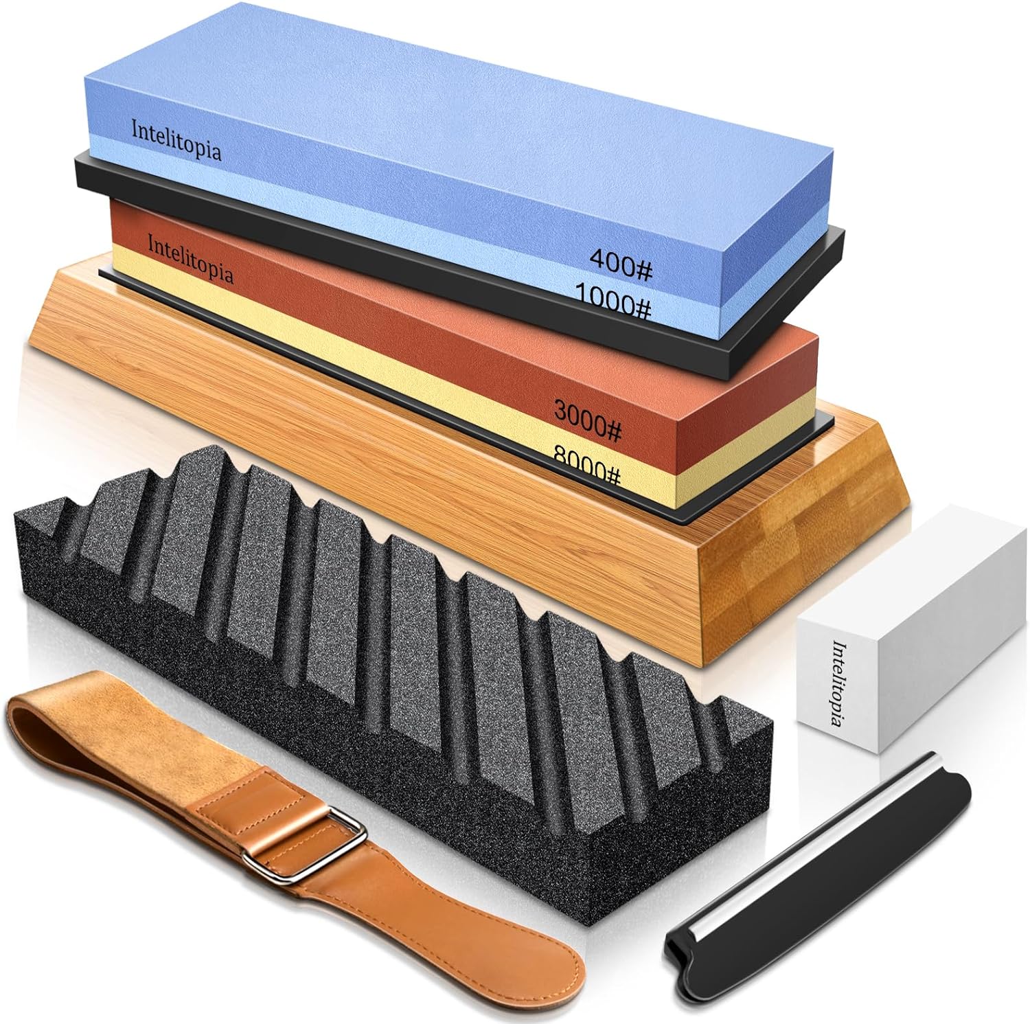 Intelitopia Complete Knife Sharpening Stone Set  Dual Grit Whetstone 400/1000 3000/8000 Knife Sharpener with Leather Strop, Flattening Stone, Bamboo Base, 3 Non-slip Rubber Bases & Angle Guide