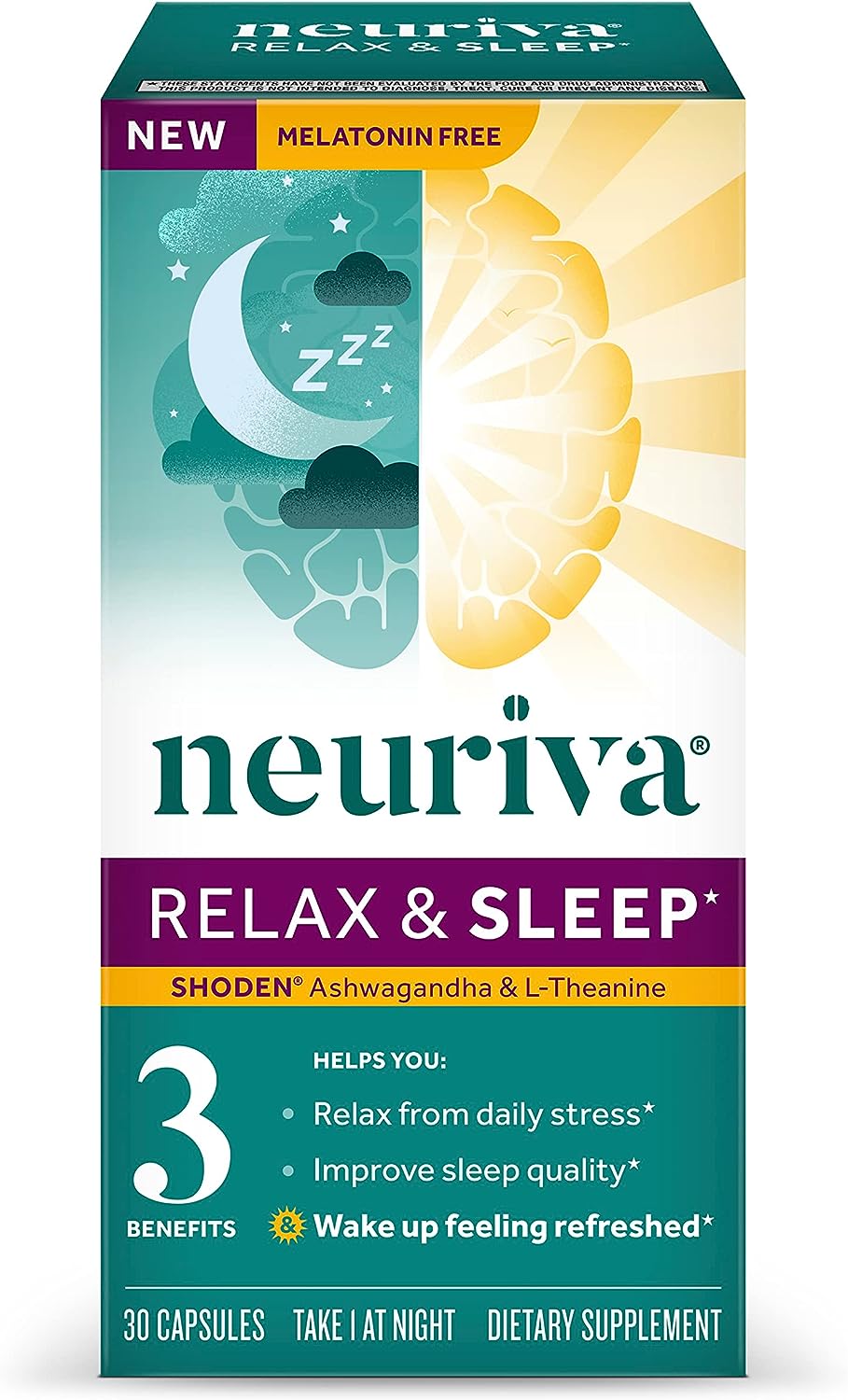 NEURIVA Melatonin Free Natural Sleep Aid Supplement with L-Theanine to Help You Relax & Ashwagandha to Support Restorative Sleep So You Can Wake Up Feeling Refreshed, 30ct Capsules