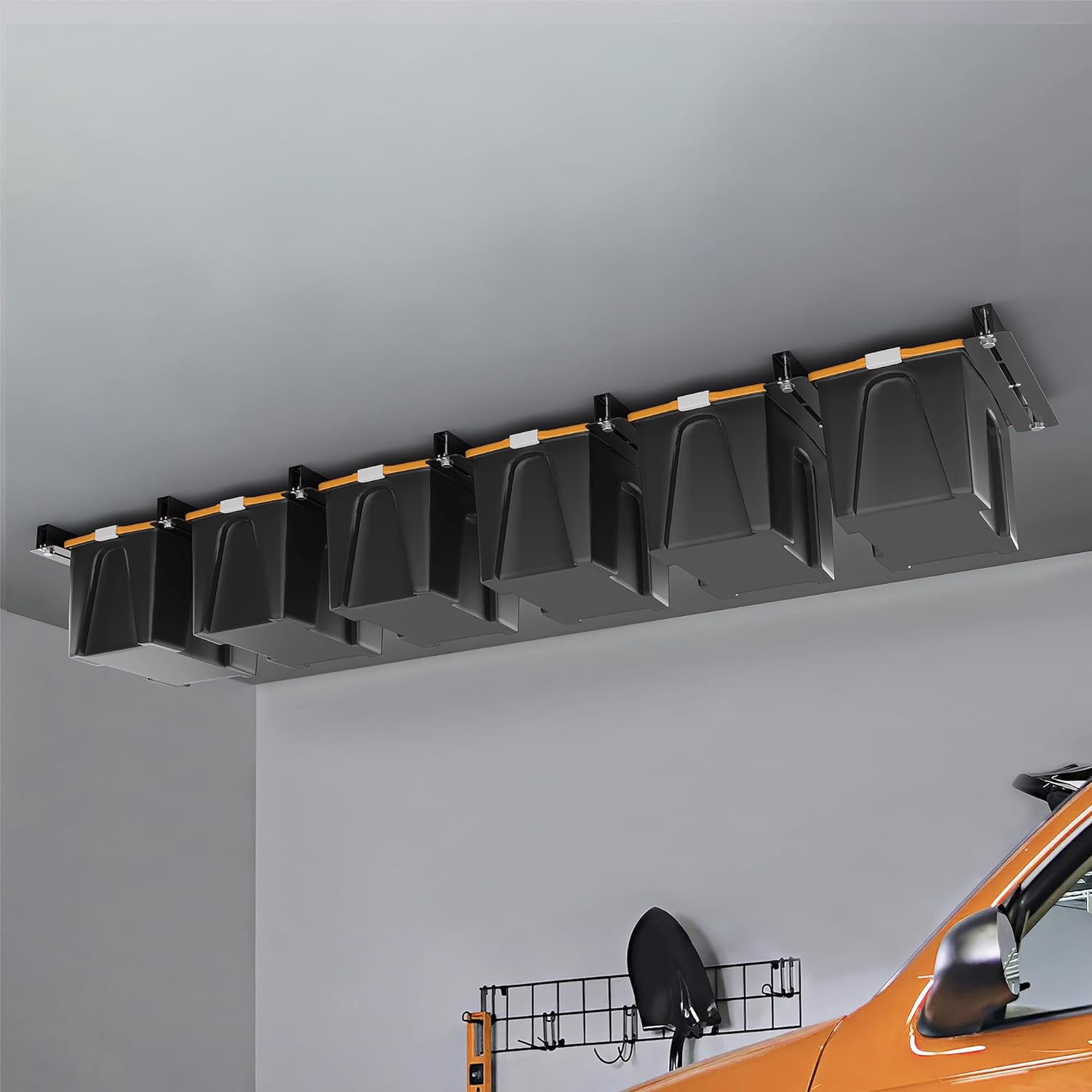 Ultrawall Overhead Garage Storage Racks for Bins, Ceiling Storage Rack Garage Hanging Organizer for Totes with Adjustable Width, Heavy Duty Ceiling Container Bin Rack (7 Pack, 6 Bins)