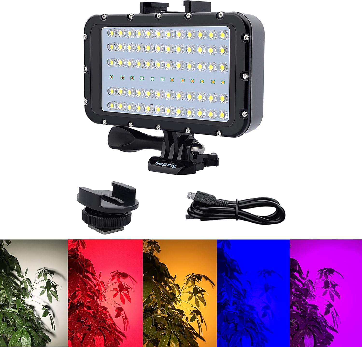 Suptig Video Lighting Dive Light Underwater Lights 72 Led Lights Compatible for Gopro Canon Nikon Pentax Panasonic Sony Samsung SLR Cameras 5 Kinds of Illuminating Colors Waterproof 147ft(45m) Black