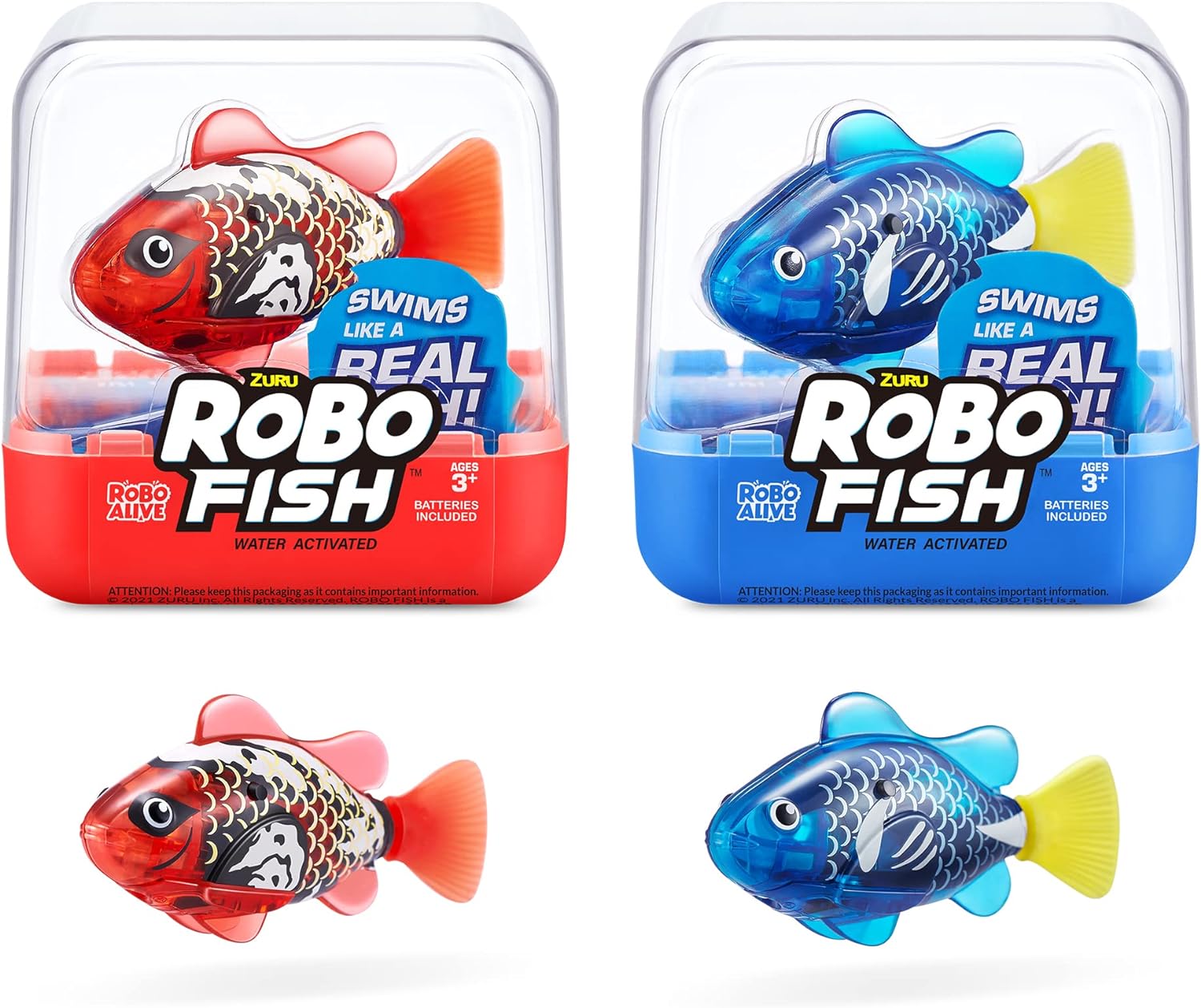 Robo Alive Robo Fish Robotic Swimming Fish (Blue   Red) by ZURU Water Activated, Changes Color, Comes with Batteries, Amazon Exclusive (2 Pack) Series 3