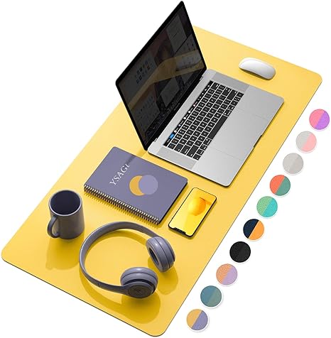 YSAGi Desk Pad, Desk Mat, 31.5 x 15.7 Laptop Desk Pad Protector, Large Leather Desk Blotter for Keyboard and Mouse, Waterproof Desk Writing Pad for Office (Yellow   Taro Purple)