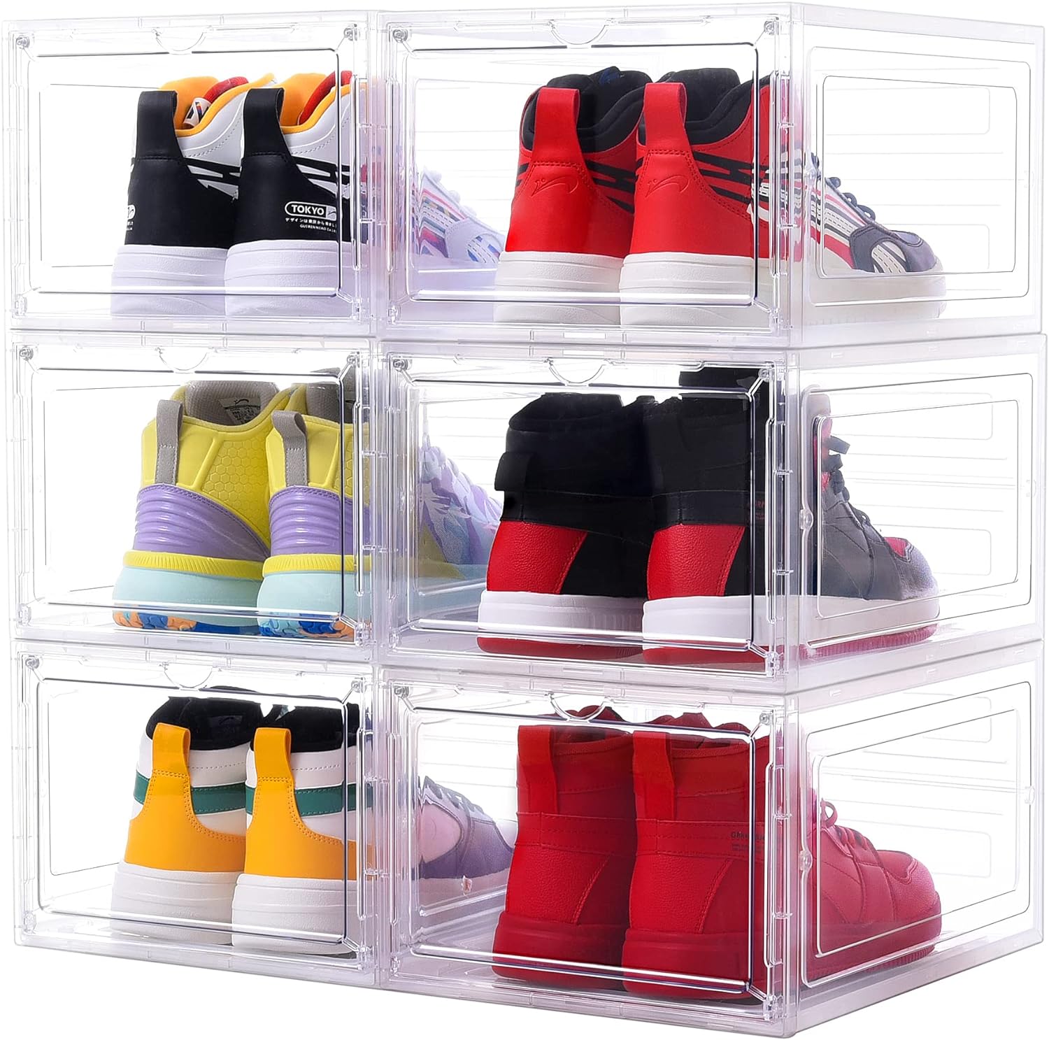 Large Clear Shoe Boxes Stackable, 6 Pack Hard Plastic Shoe Storage Boxes with Magnetic Door, Drop Front Shoe Containers, Shoe Case Sneakers Storage Fit US Size 12 Clear