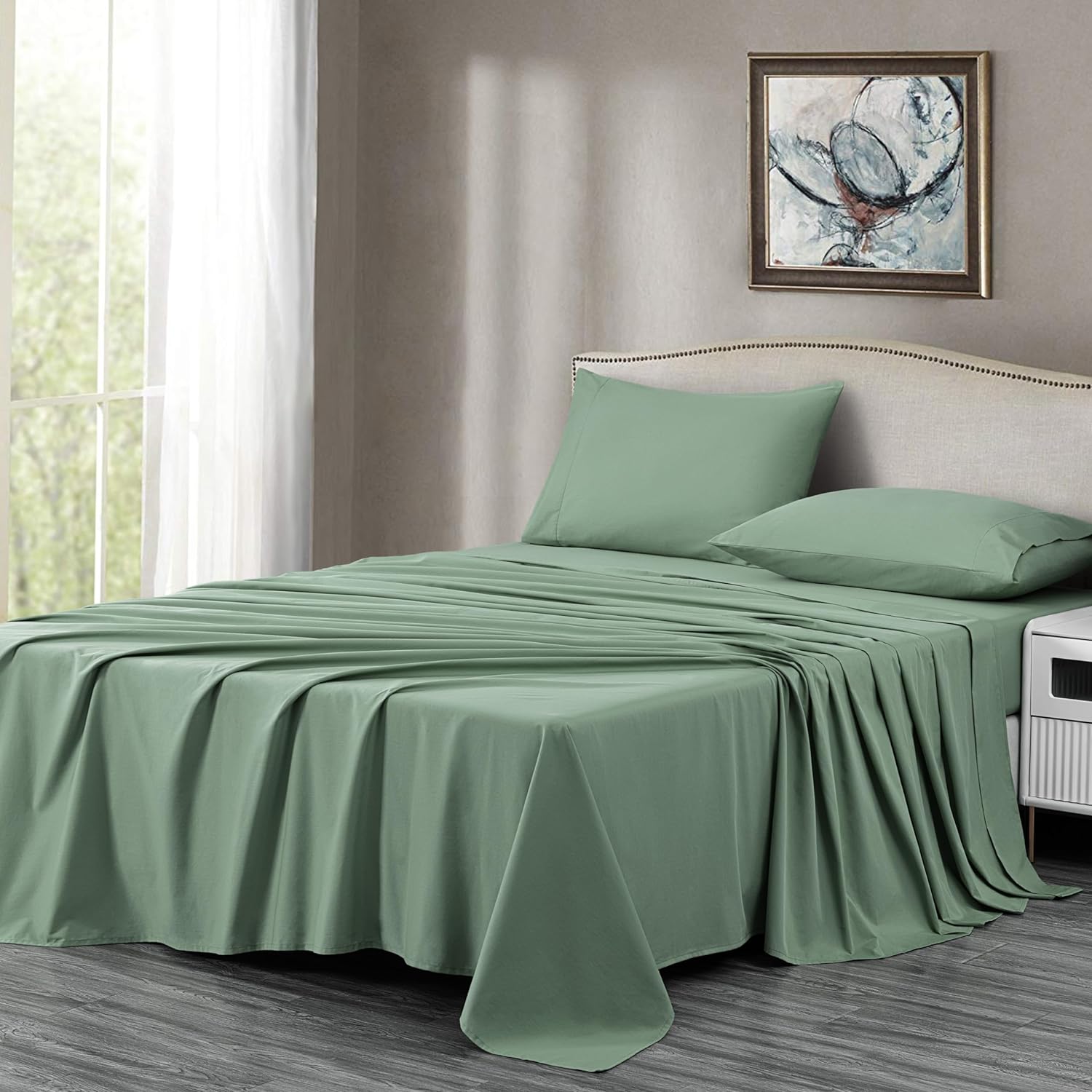 Chezmoi Collection Solid Sage Green 250TC 100% Cotton Twill Bed Sheet Set King Size, 4-Piece Luxury Soft Breathable Smooth 16-Inches Deep Pocket Sheets and Pillowcases Set