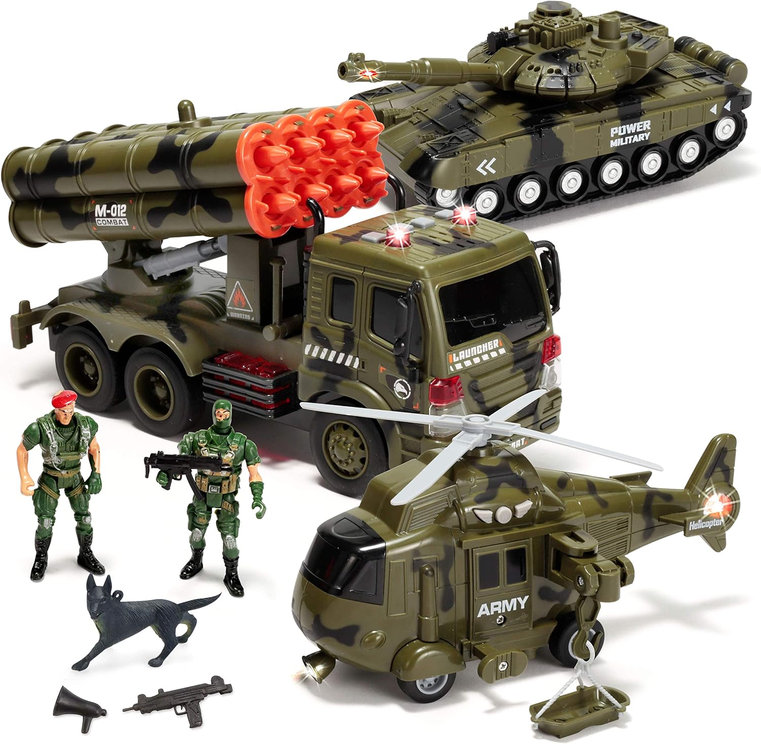 JOYIN+3+in+1+Friction+Powered+Toy+Vehicles+with+Figures+-+Military+Truck%2c+Helicopter+and+Tank+with+Lights+and+Sounds+for+Imaginative+Play