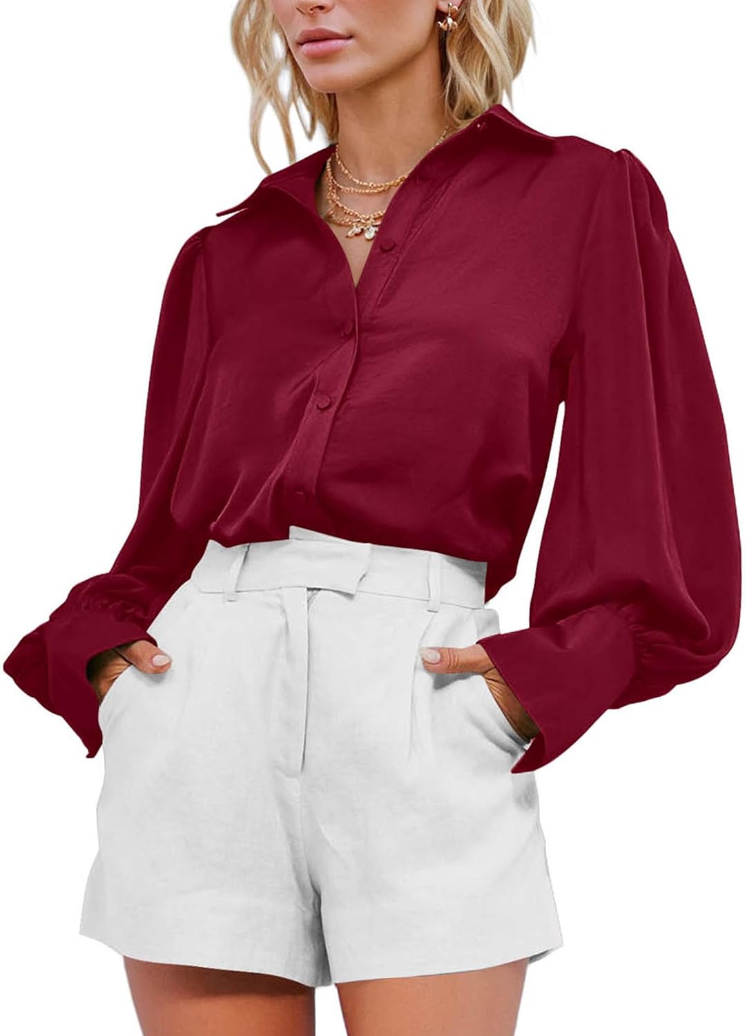 BTFBM Women Satin Button Down Shirts Summer Spring Lantern Long Sleeve Lapel V Neck Blouse Loose Casual Office Work Tops