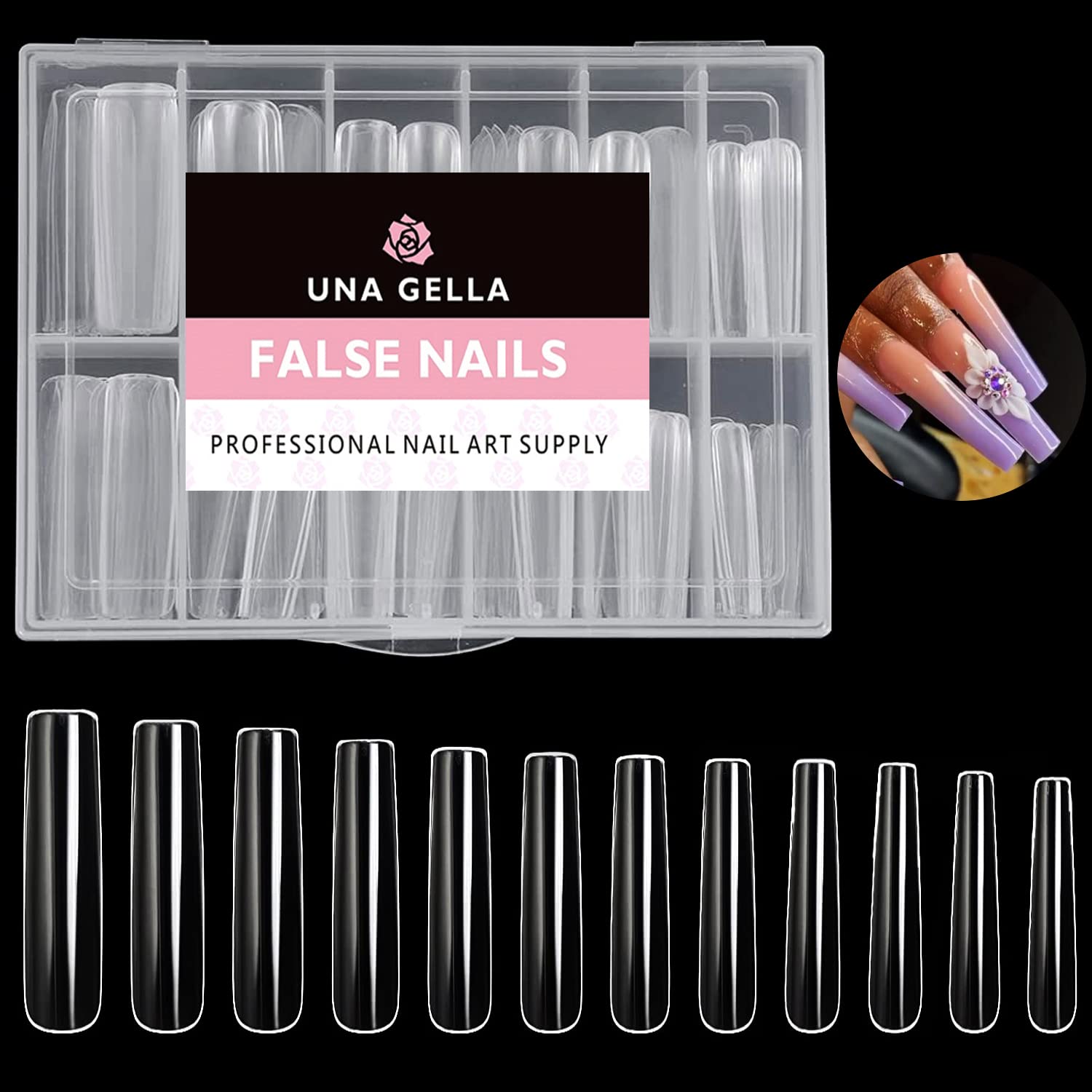 UNA GELLA XXL Long Square Nails Tips 216 PCS No C Curve Straight Nail Tips Full Cover Square Gel X Tips Extra Long Nail Tips Clear False Fake Nails Gel Nail Extension for Nail Salon Home DIY 12 Sizes