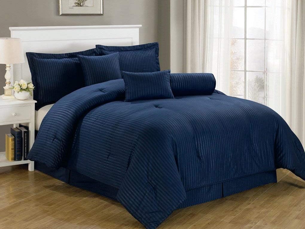 Chezmoi Collection Lex 7-Piece Dobby Stripe Comforter Set - King, Navy Blue