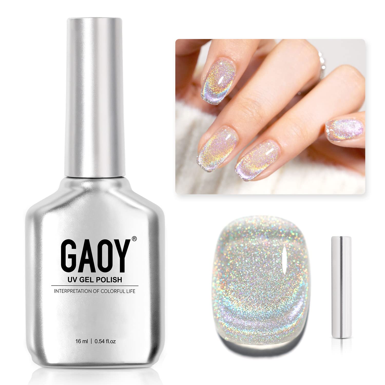 GAOY Cat Eye Gel Nail Polish, Glitter Holographic Nail Polish with Magnet, 16ml Reflective Translucent UV Gel for Nail Art, 1394 Silver Rainbow