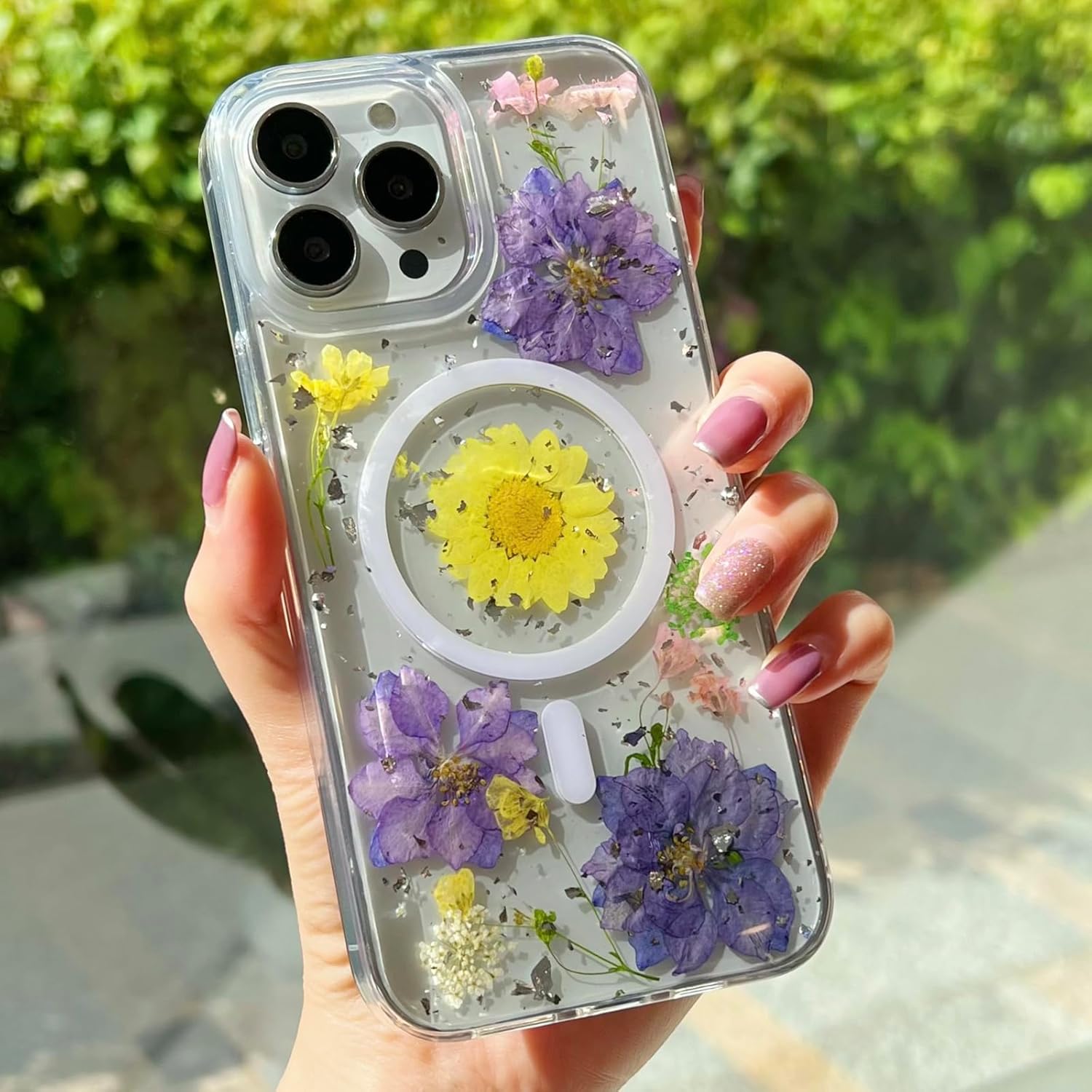 Cute Real Flowers for iPhone 12 Pro Max Case [Compatible with MagSafe] Clear Glitter Magnetic Cover with Pressed Floral Women Girl' Phone Case for iPhone 12 Pro Max 6.7 - Purple